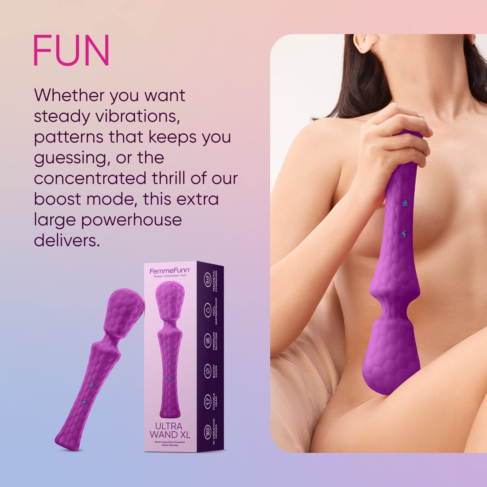 Premium XL Ultra Wand Vibrator - Flexible Silicone Adult Toy with 10 Vibration Patterns & Boost Mode | Waterproof, Body-Safe Design for Couples & Solo Play | Purple Large Size for Ultimate Pleasure Experience