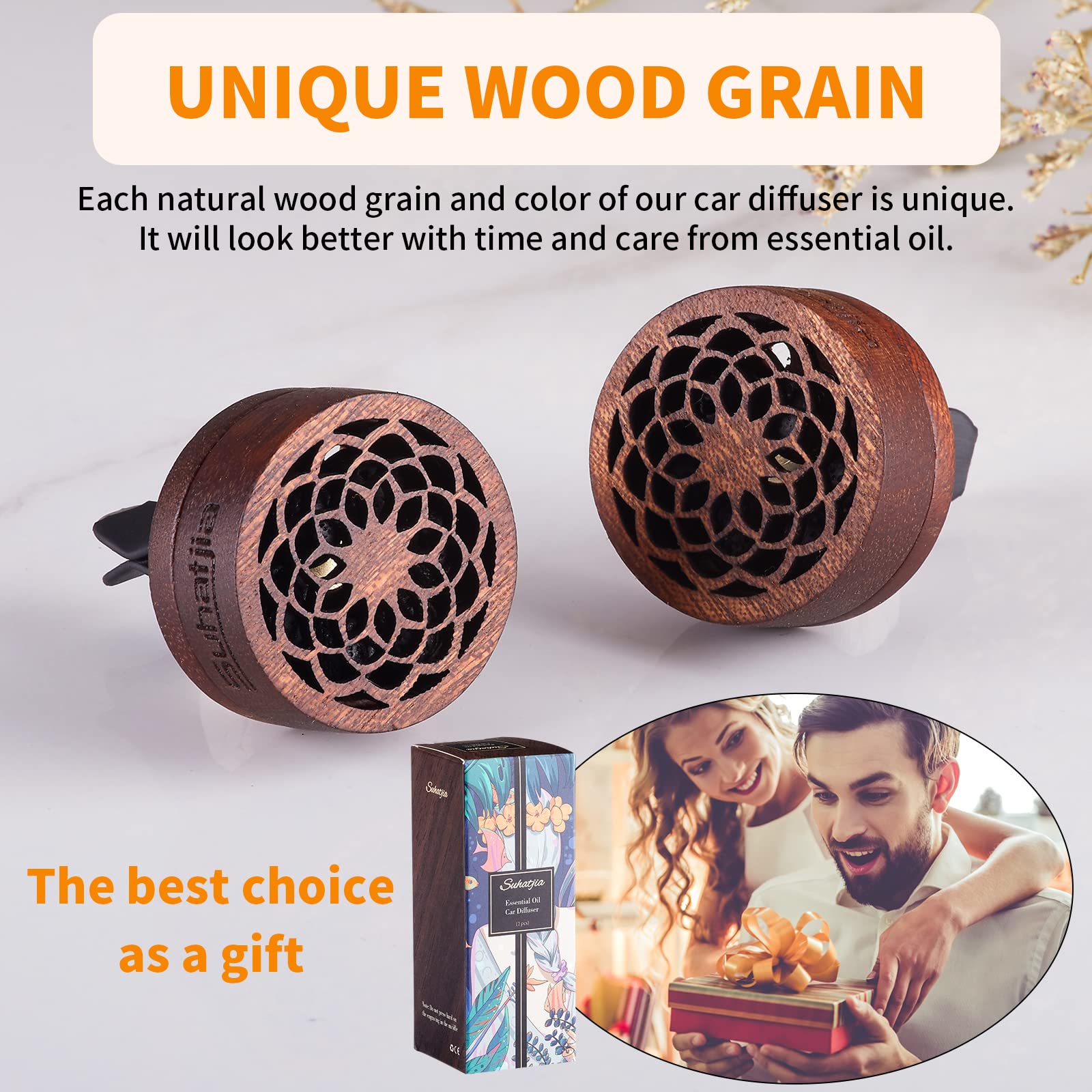 Premium Wooden Car Diffuser for Essential Oils - 2 Pack Aromatherapy Vent Clip with 6 Lava Stones & 2 Refill Pads (Cherry Wood) - Natural Air Freshener for Stress Relief & Relaxation During Commute, Road Trips & Daily Driving