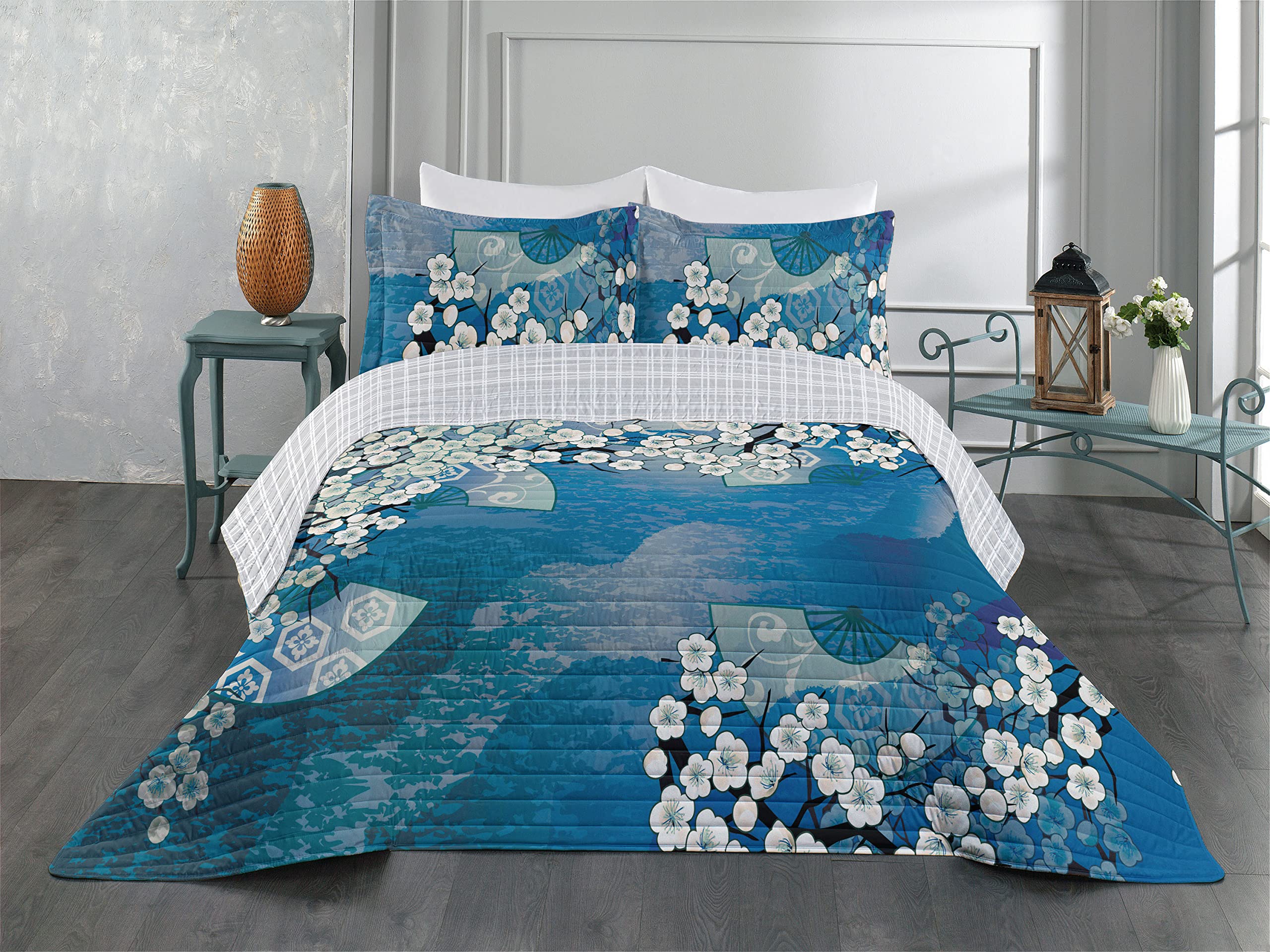 Ambesonne Reversible King Size Bedspread Set - Japanese Cherry Blossom Sakura Tree Design, Microfiber Comforter with Pillow Shams, Sky Blue | Spring Floral Bedding for Master Bedroom, Guest Room Decor