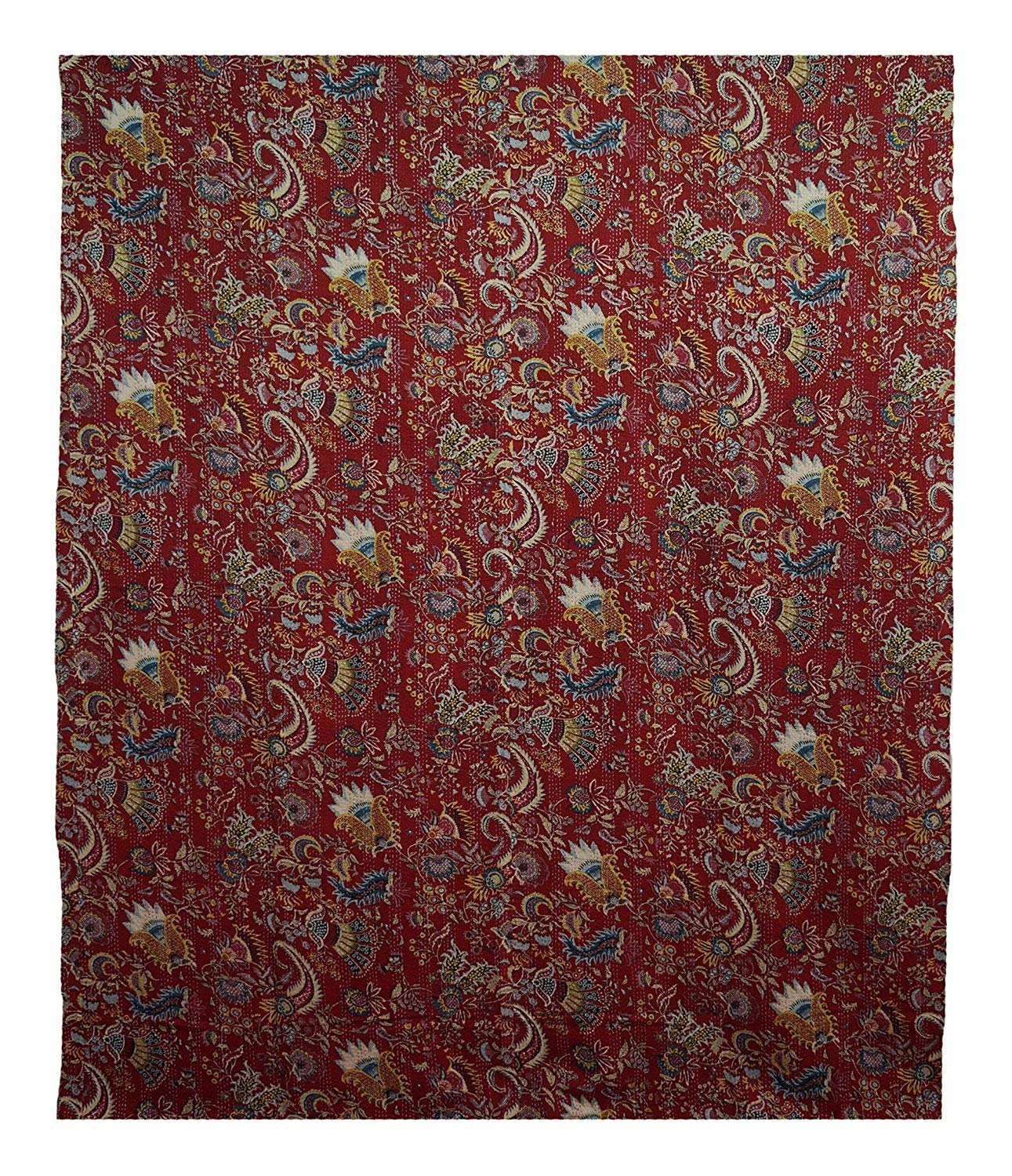 Handmade Traditional Mukut Screen Print Kantha Quilt - Pure Cotton Queen Size Blanket, Bedspread & Throw for Cozy Home Decor, Boho Bedroom Style & Gift Giving