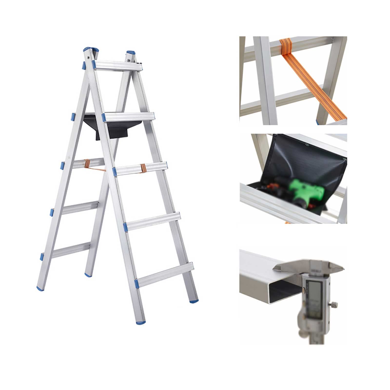 WDDS Heavy Duty Aluminum Alloy Folding Ladder - Multifunctional Herringbone Design with Toolbox, 330lbs Load Capacity - Perfect for Home Repairs, Construction & Warehouse Use