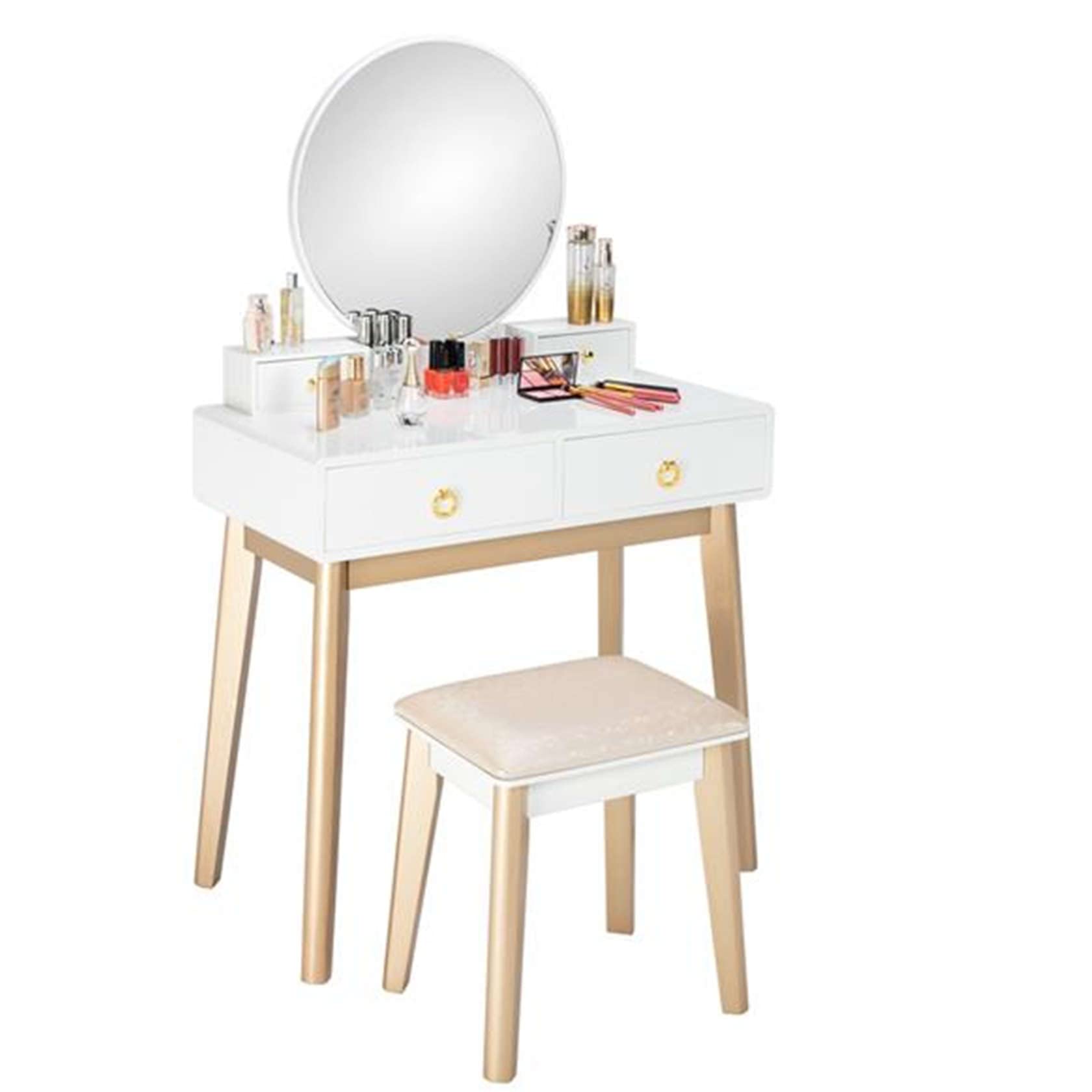 Prattbay White Wooden Vanity Set with Stool - Elegant Makeup Dressing Table for Bedroom & Bathroom | Perfect for Makeup, Skincare & Hair Styling