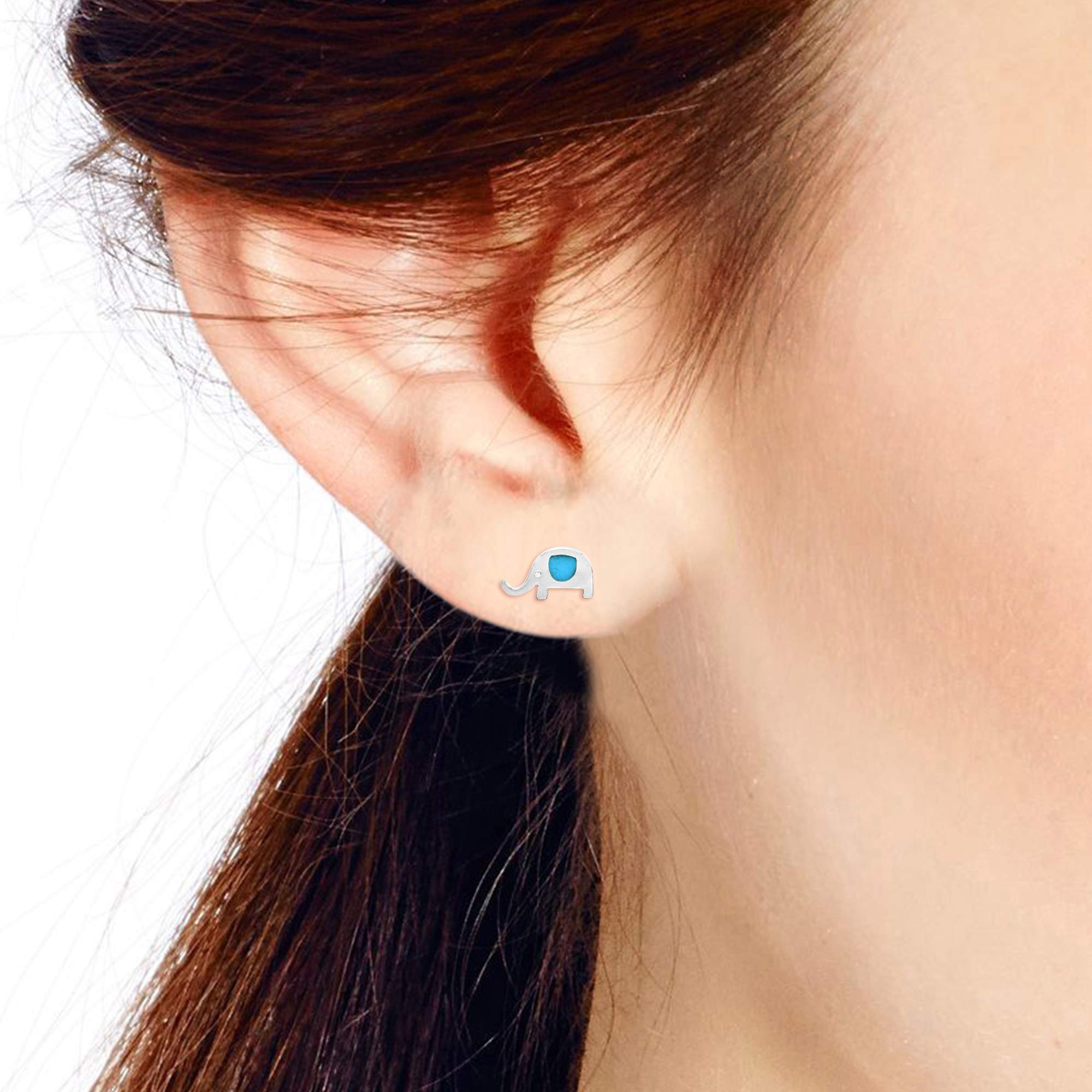 AeraVida .925 Sterling Silver Elephant Stud Earrings with Simulated Blue Turquoise Inlay | Cute Animal Jewelry for Women | Perfect Gift for Birthday, Anniversary & Everyday Wear