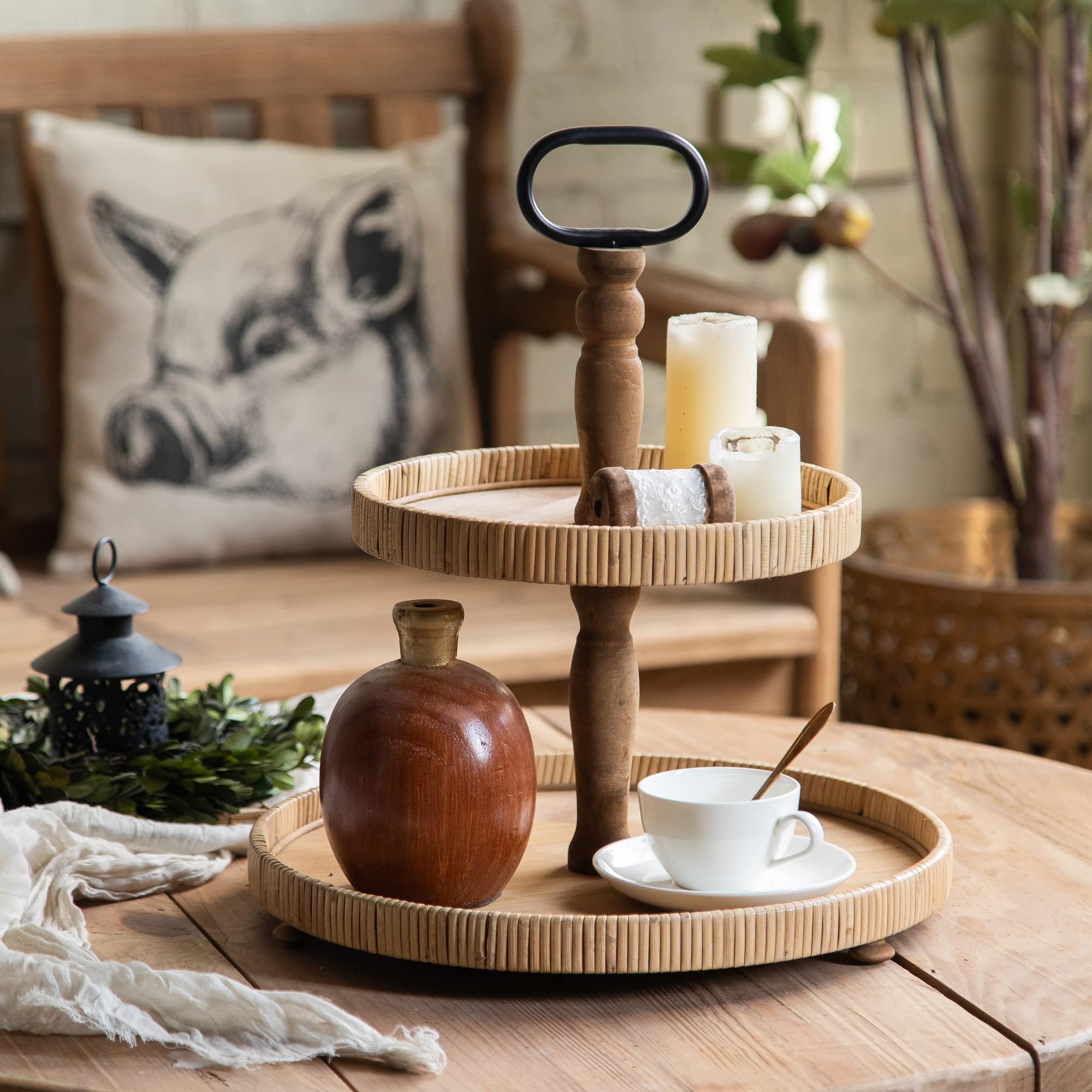 2-Tier Rustic Farmhouse Serving Tray with Metal Handles - Round Wooden Tiered Display Stand for Desserts, Fruits, Snacks, Nuts | Perfect for Kitchen Counter, Dining Table, Coffee Bar & Party Decor (Light Brown)