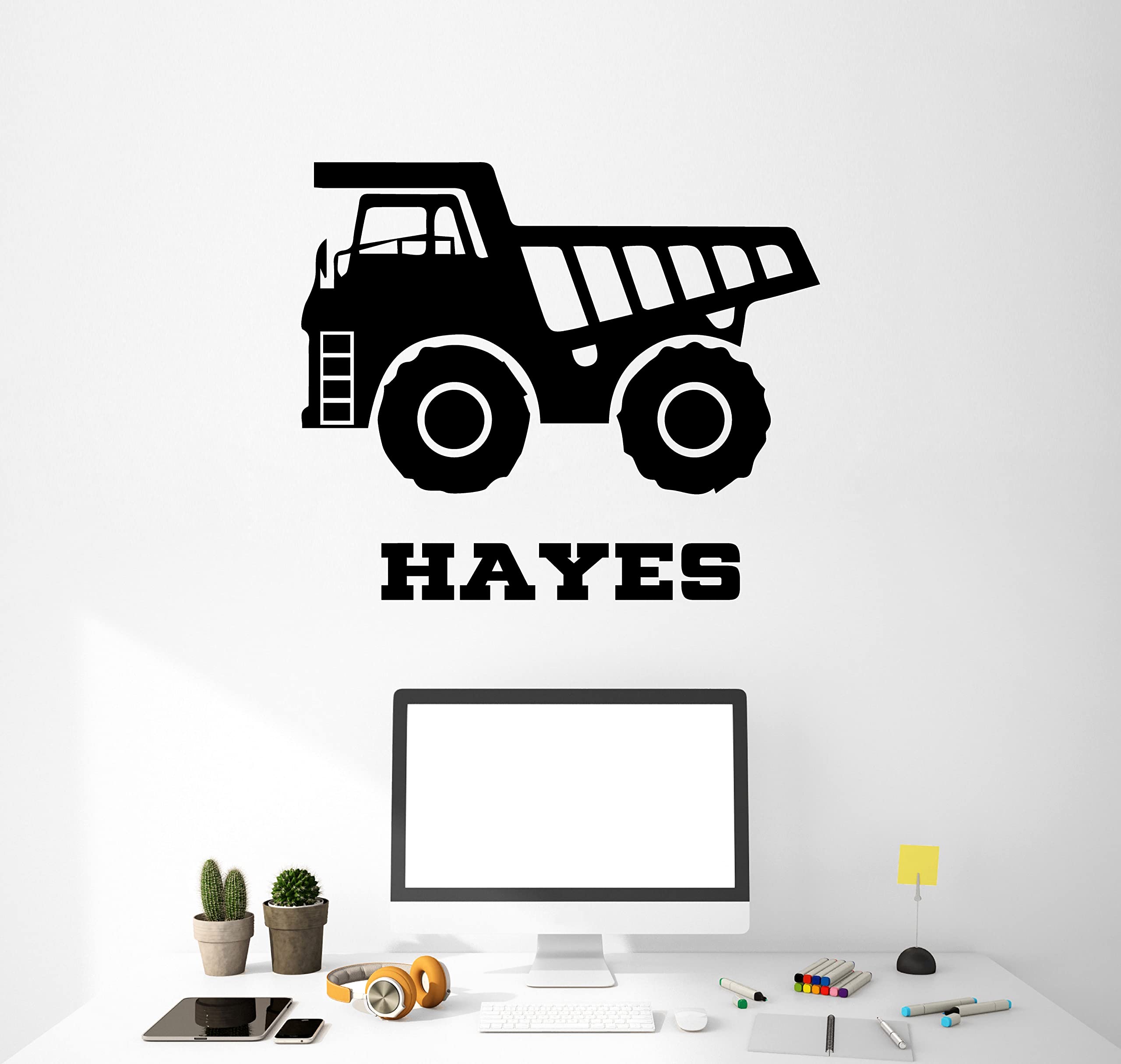 Customizable Construction Vinyl Wall Decal with Personalized Name - Dump Truck Home Decor for Bedroom, Nursery, Playroom & Barn - Removable Wall Sticker for Kids Room, Construction Theme Party & DIY Home Improvement Projects