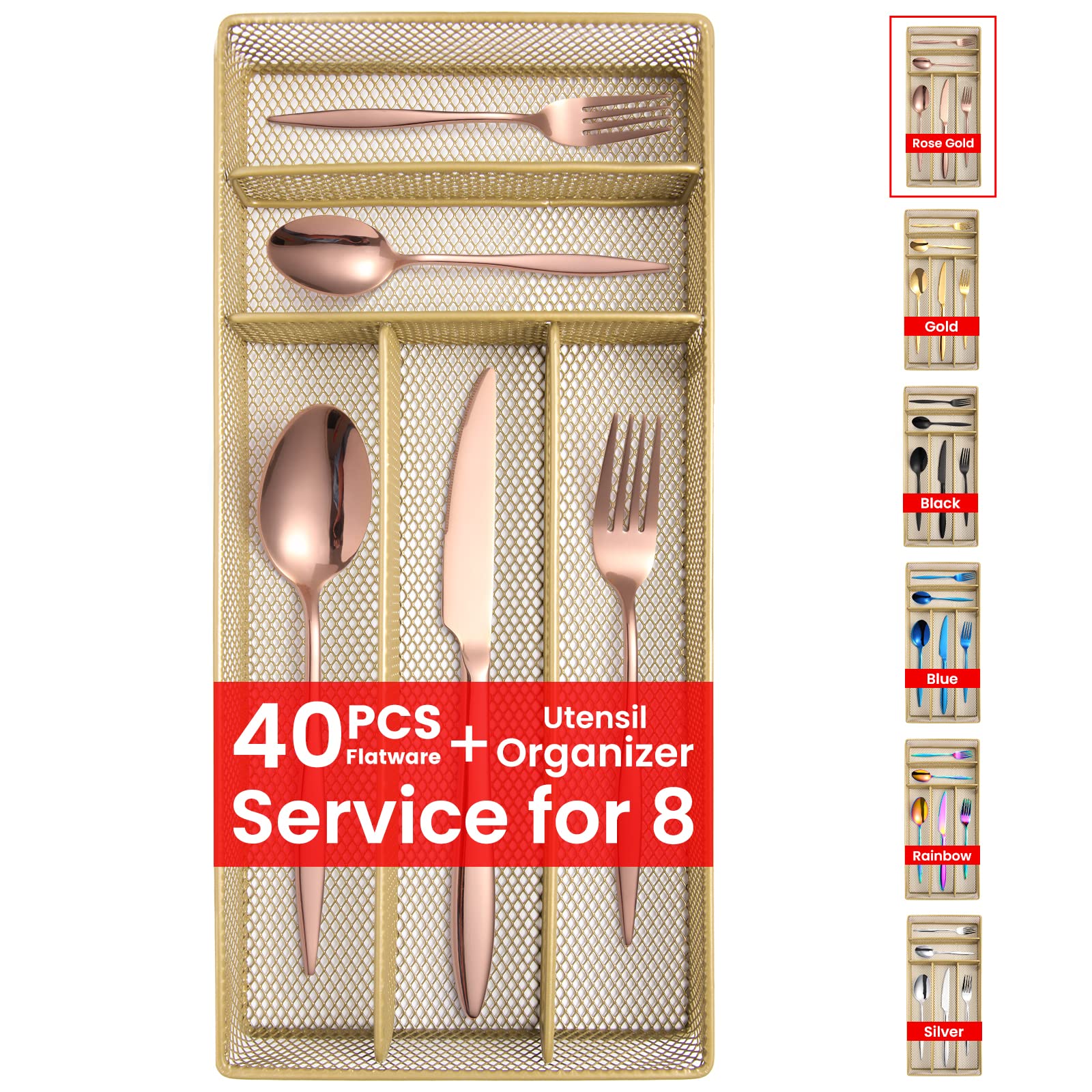 40-Piece Rose Gold Silverware Set with Organizer - Stainless Steel Flatware for 8 - Mirror Polished Cutlery for Home, Kitchen, Restaurant & Hotel (Includes Spoons, Forks, Knives) - Perfect for Dinner Parties, Weddings & Elegant Dining