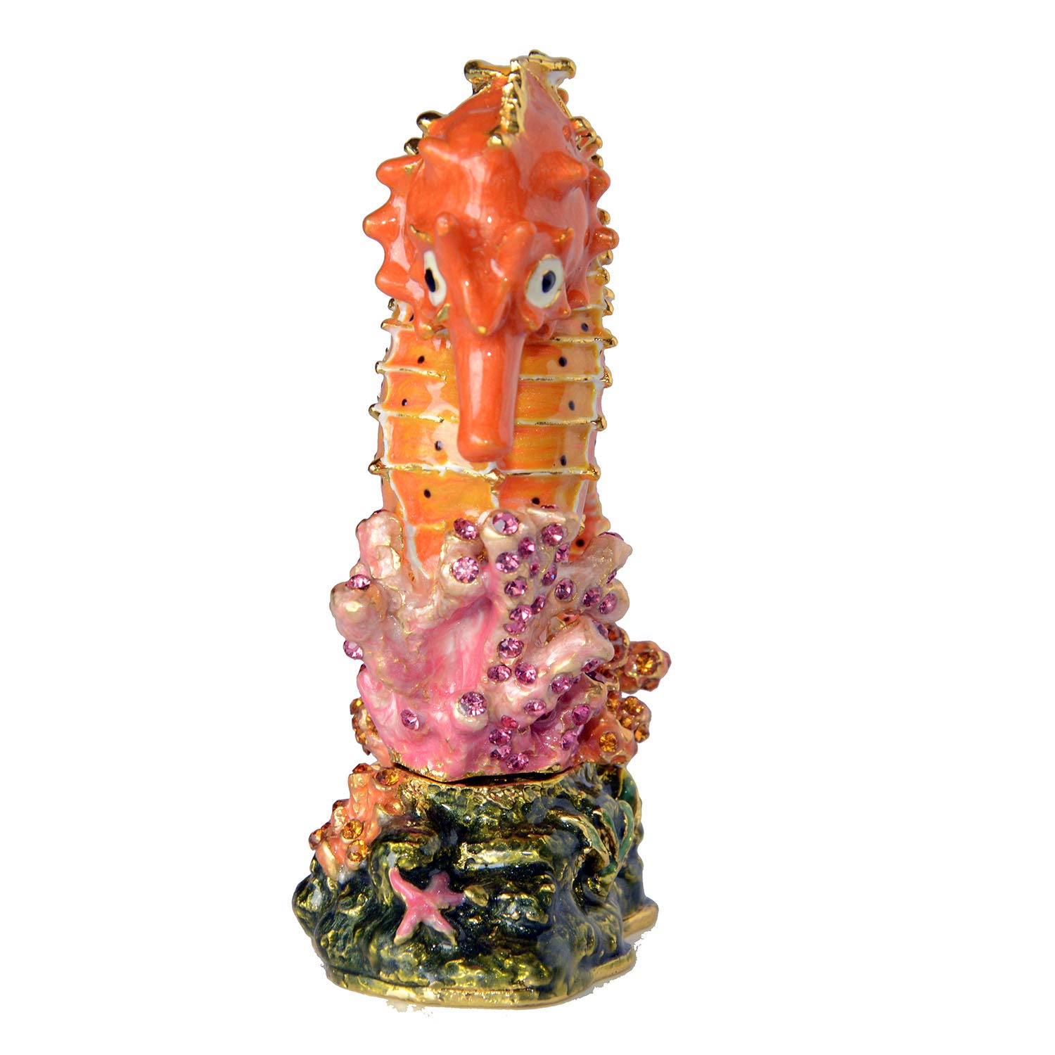 Enameled Pewter Crystal Bejeweled Seahorse Jewelry Box - Necklace & Ring Organizer - Nautical Home Decor - Animal & Sea Life Gift (Orange) - Perfect for Beach House Decor, Bathroom Storage & Gift Giving