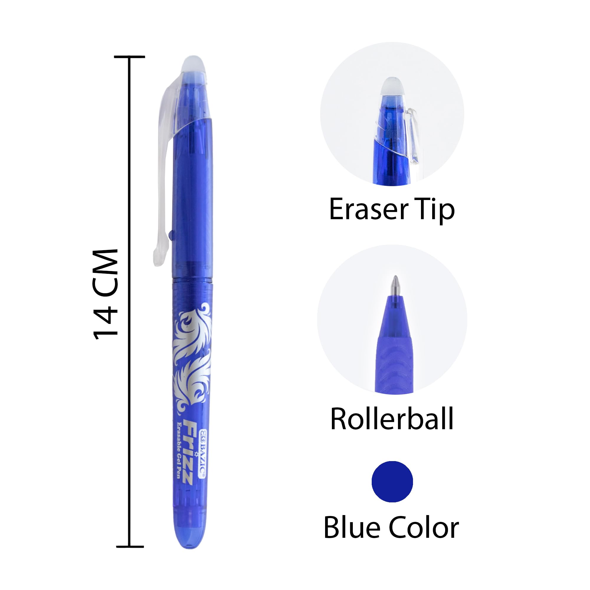 BAZIC Frizz Erasable Gel Pen 0.7mm Fine Point - Blue Ink Pens with Mistake Eraser, 144-Pack for Smooth Writing & Drawing | Perfect for School, Office, Note Taking & Gift Giving