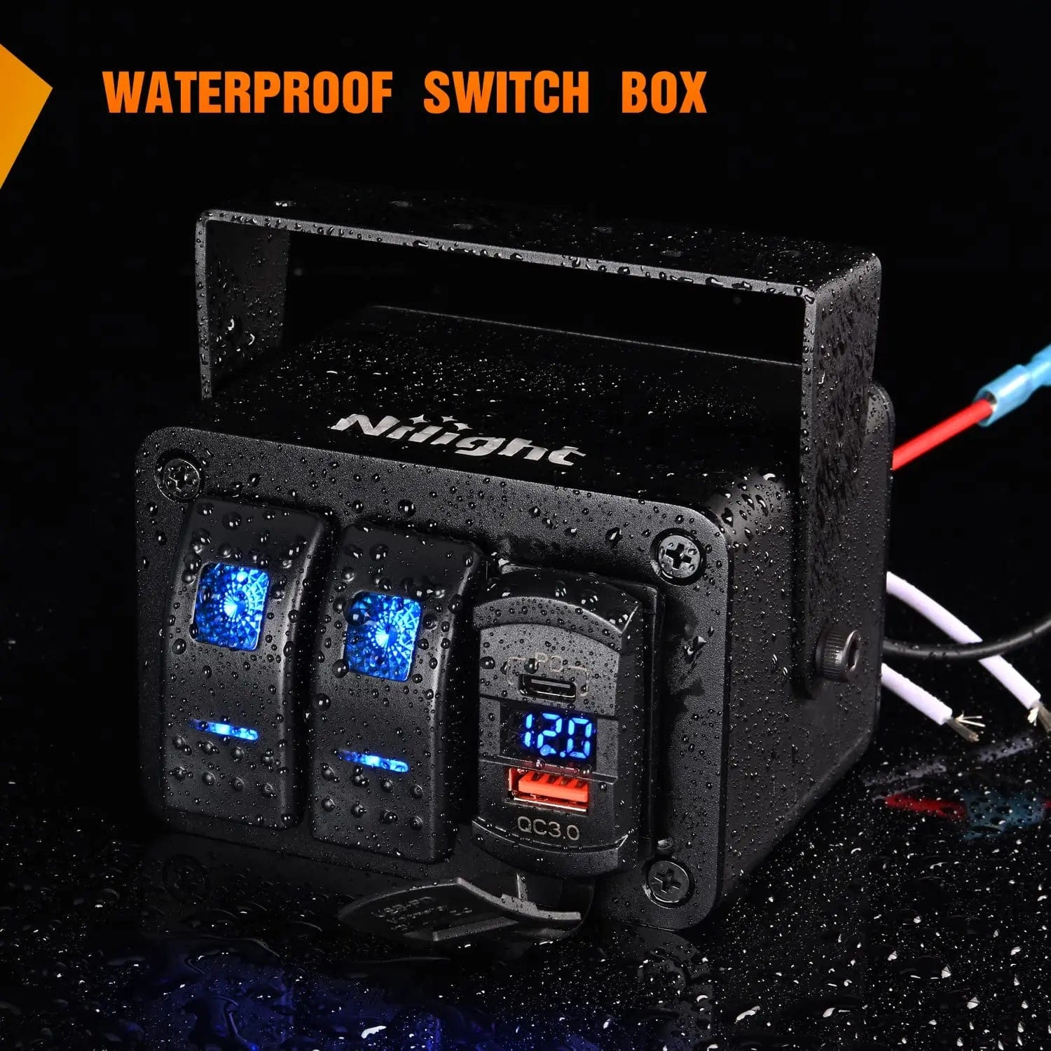 2 Gang Blue Rocker Switch Box with PD Type C & QC 3.0 USB Charger Voltmeter - Perfect for Marine, RV, and Home Electrical Systems