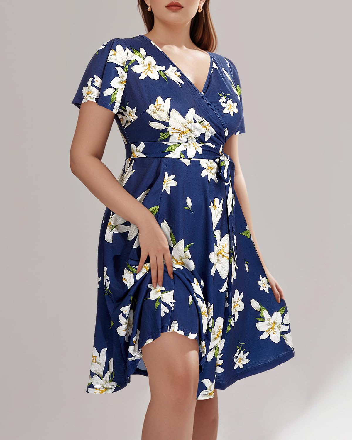 Plus Size Pinup Fashion Women's Cocktail Wrap Dress - Empire Waist Semi-Formal Midi Dress for Wedding Guest & Special Occasions