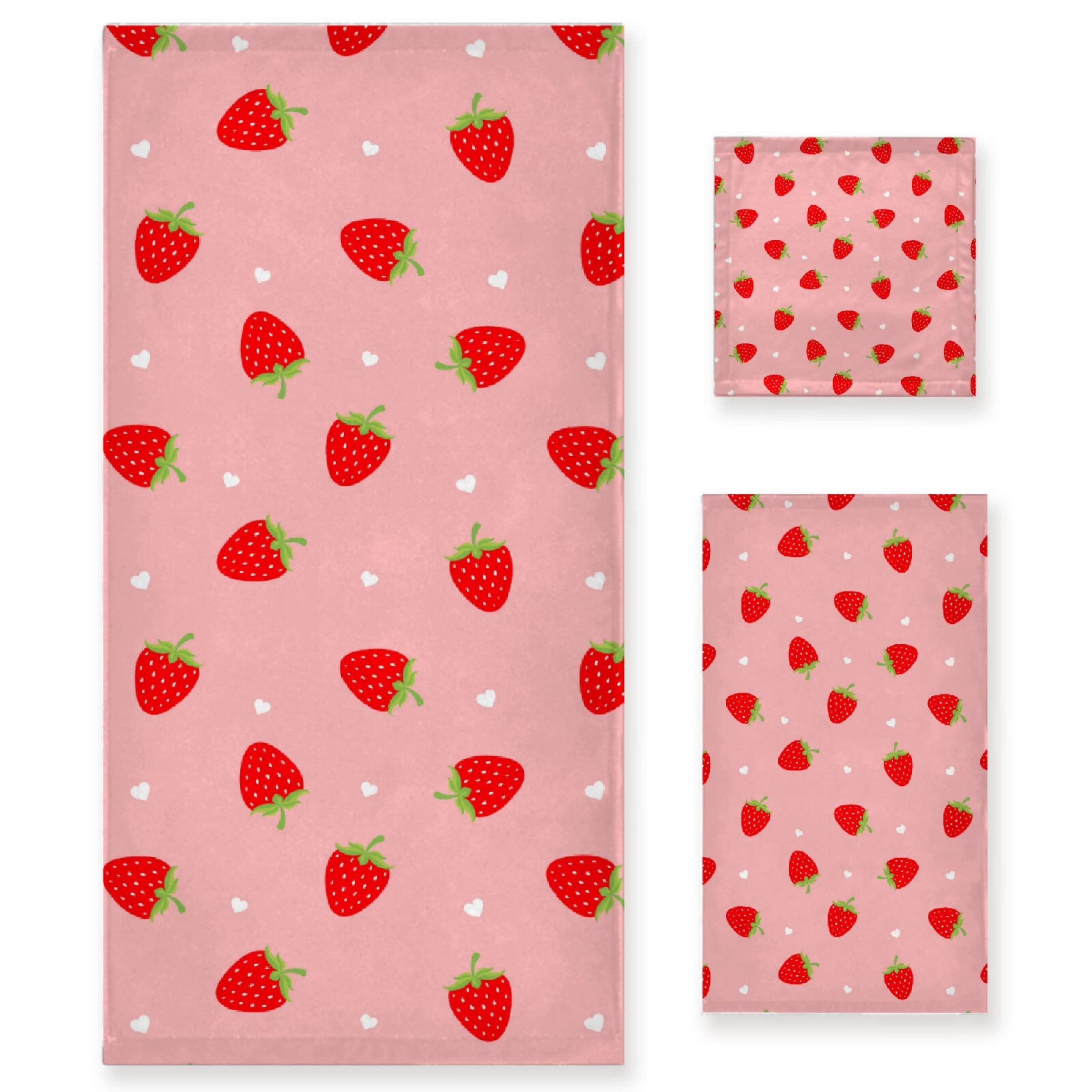 Premium Strawberry Towel Set - Soft 3-Piece Bathroom Towels (1 Bath Towel, 1 Hand Towel, 1 Washcloth) - Cute Fruit Decor for Women & Kids - Perfect for Bathroom, Beach, Gym & Gift Giving