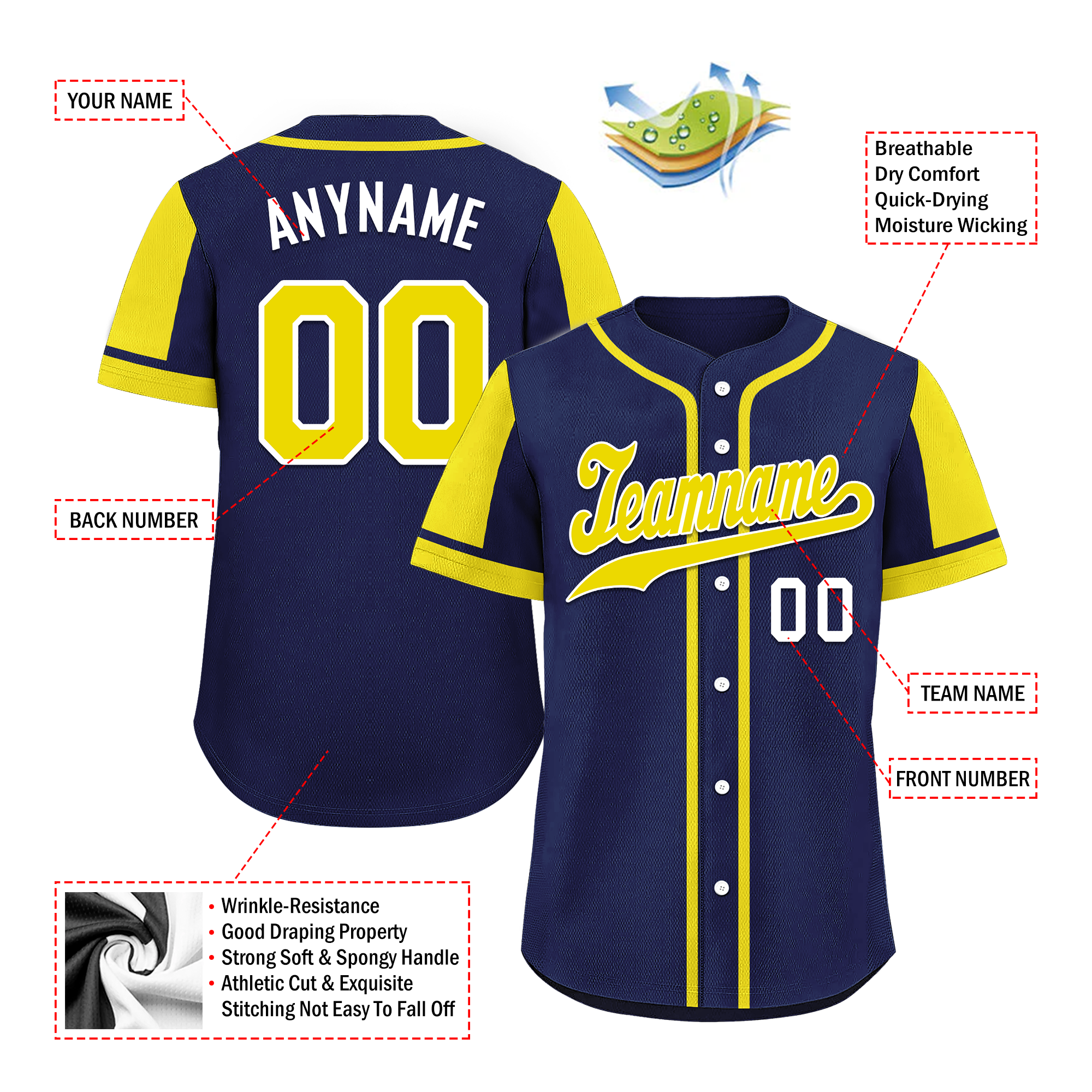 Custom Blue & Yellow Raglan Sleeve Personalized Baseball Jersey - Authentic Team Uniform BSBJ01 D017182 for Sports Games & Fan Events