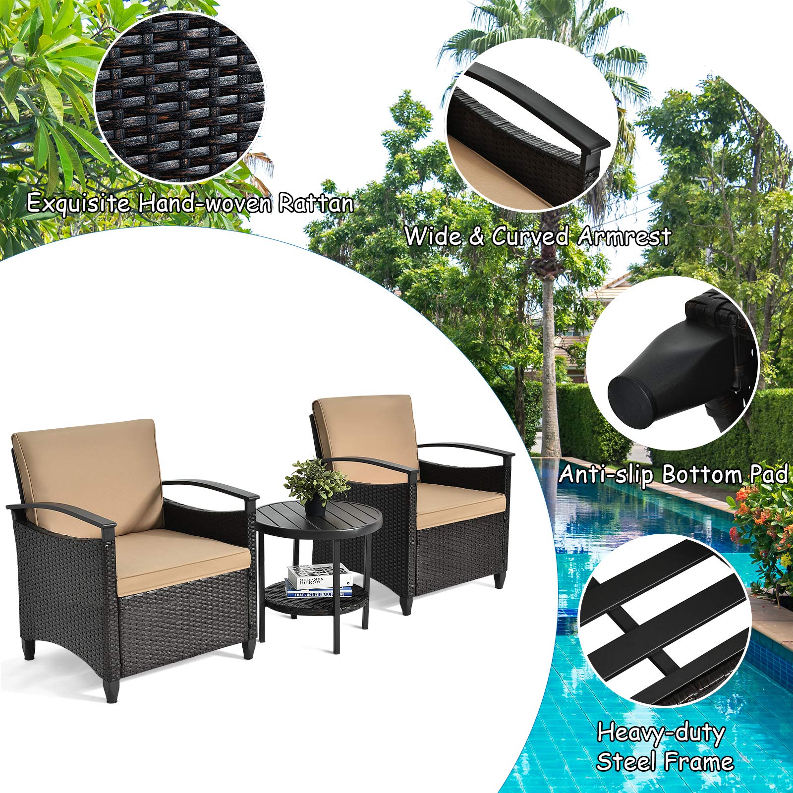 Tangkula 3-Piece Rattan Patio Furniture Set with Coffee Table - Outdoor Wicker Sofa Conversation Set with Cushions, Durable Steel Frame - Perfect for Garden, Backyard, Balcony, Poolside & Outdoor Entertaining