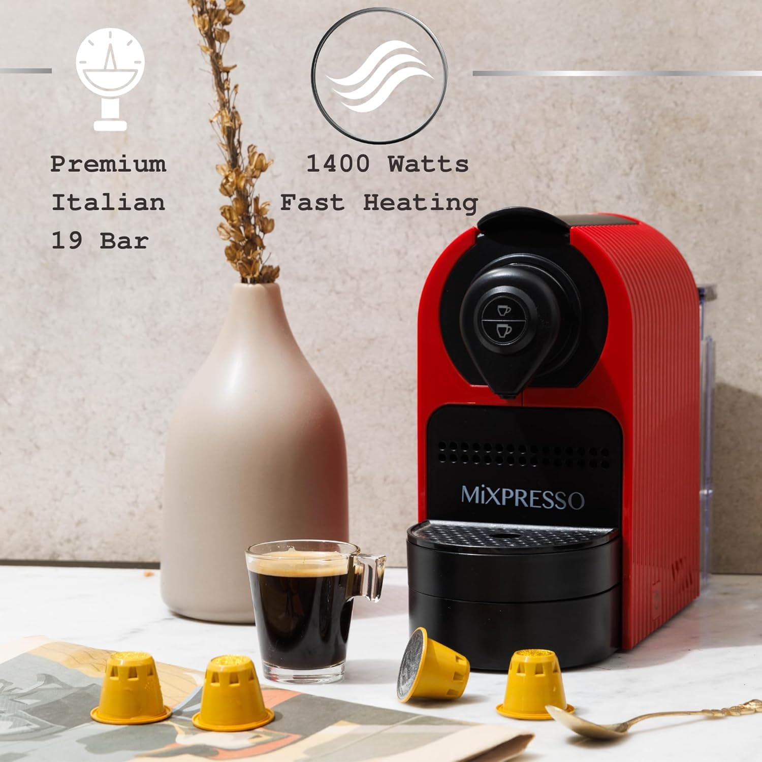 Mixpresso Espresso Machine for Nespresso Compatible Capsules - 19 Bar Italian Coffee Maker with Programmable Single Serve & High Pressure Pump (1400W, 27oz, Red) - Perfect for Home, Office, and Small Kitchen Use