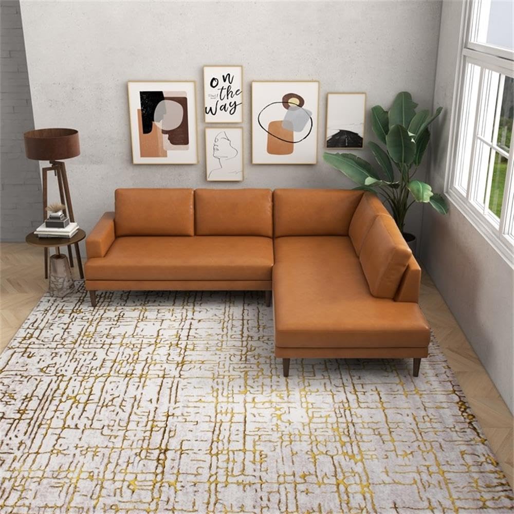 ASHCROFT Harmon Pillow Back Genuine Leather Upholstered Right-Facing Sectional Sofa in Tan | Premium Leather Living Room Furniture for Modern Home & Office | Comfortable Seating for Family Gatherings & Relaxation