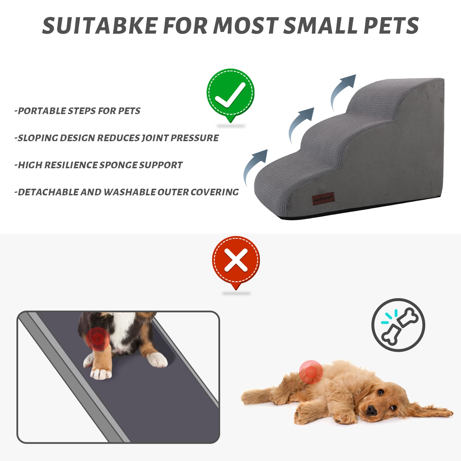 3-Tier Non-Slip Dog Ramp & Stairs for High Beds & Couches - Sturdy Pet Steps for Small Dogs - Perfect for Elderly Pets & Post-Surgery Recovery - Home & Travel Use