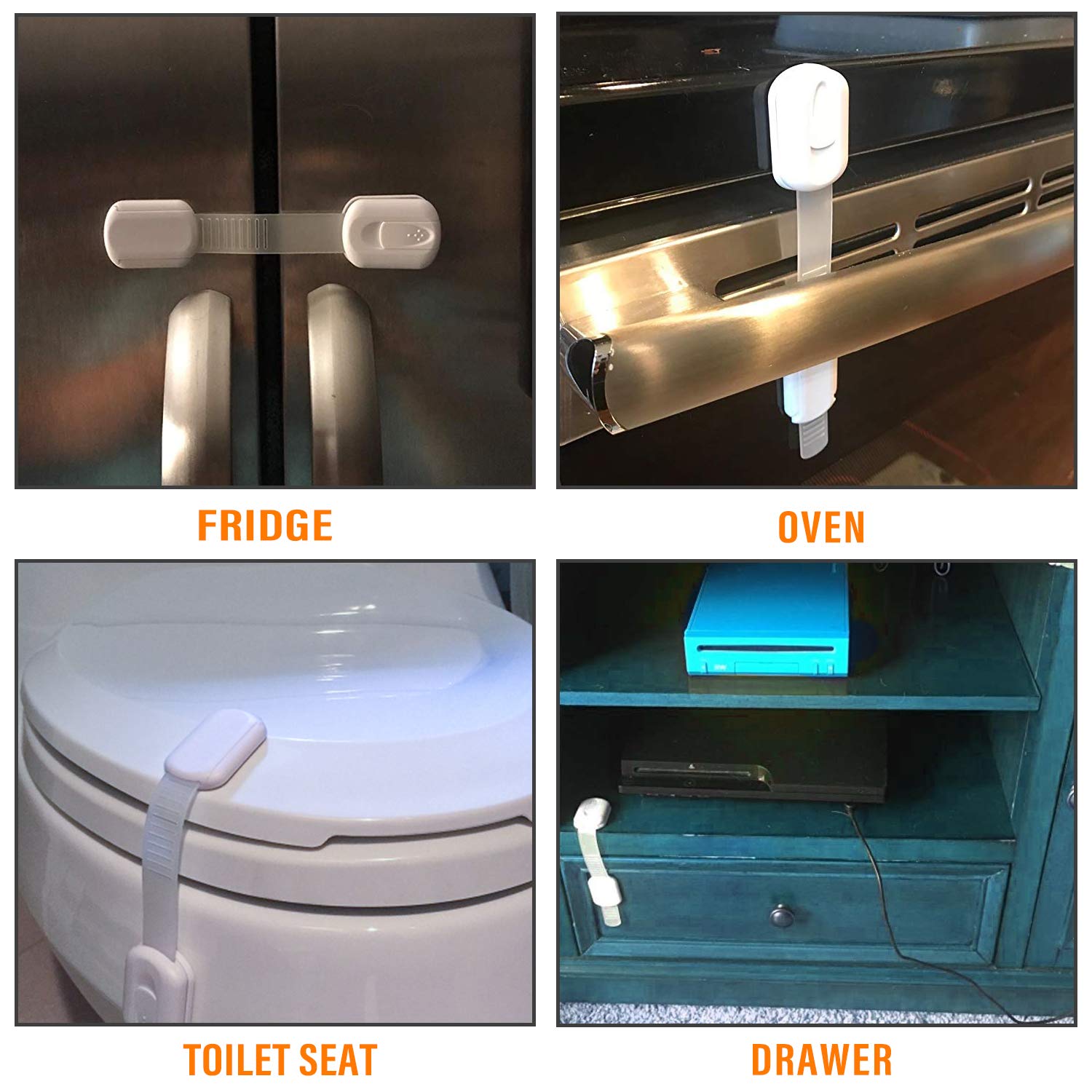 10 Pack Child Safety Cabinet Locks - No Drill Baby Proofing Latches for Drawers, Doors, Fridge, Oven & Toilet Seat - Adjustable Strap with 3M Adhesive - Perfect for Kitchen Cupboards, Appliances & Trash Cans - Keep Kids Safe at Home