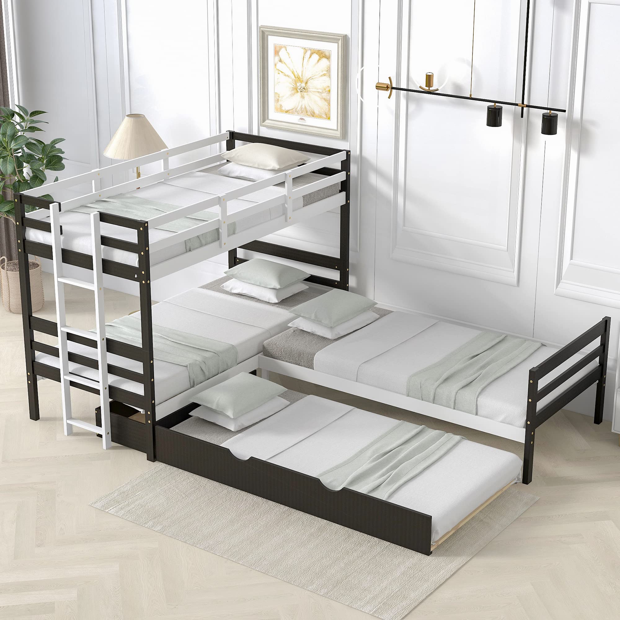 L Shaped Bunk Bed with Trundle and Drawer - Twin Size Wooden Loft Bed Frame for Kids, Teens & Adults - Espresso Finish - Perfect for Small Bedrooms, Guest Rooms & Dormitories