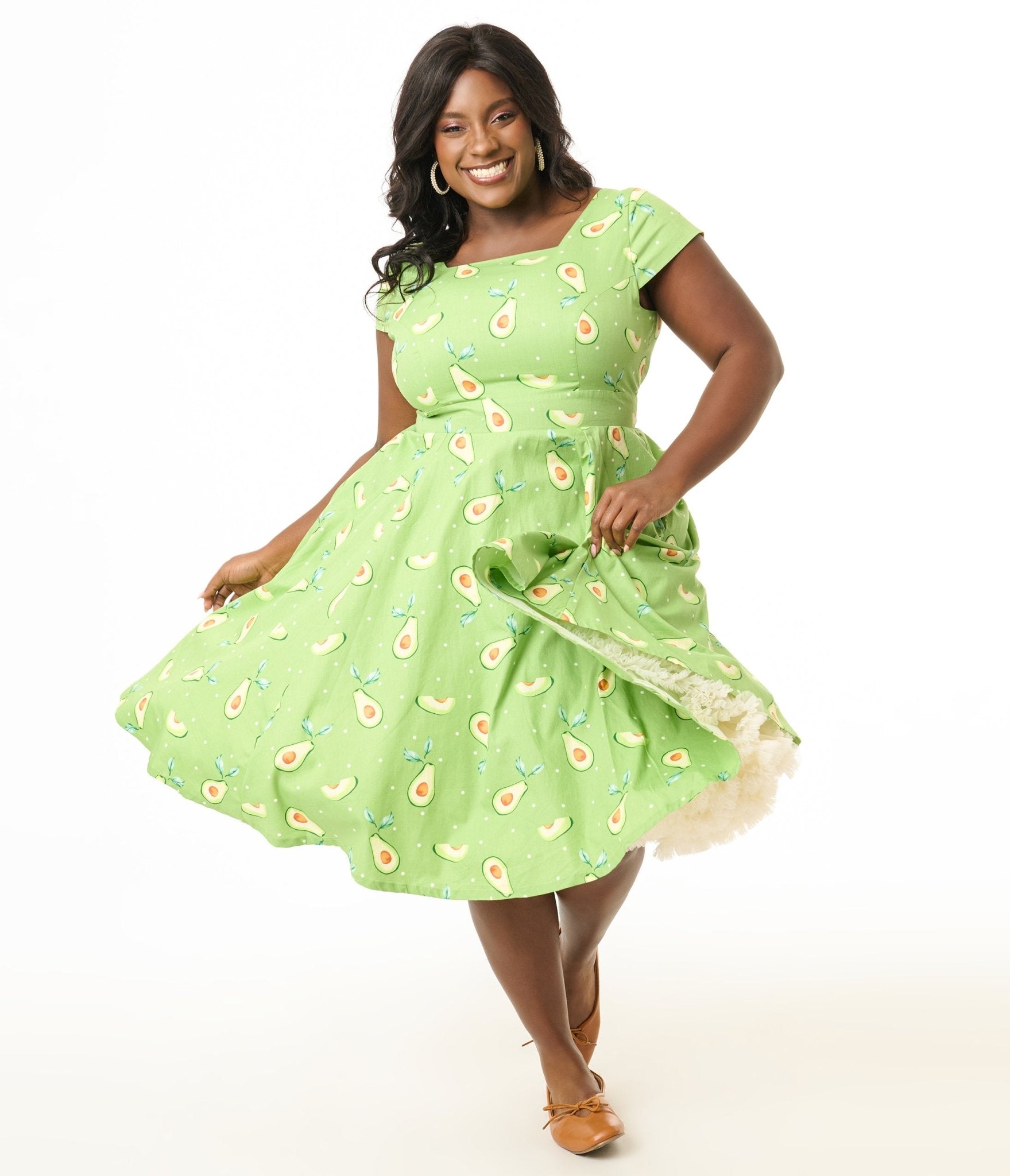 Magnolia Place Plus Size Green Avocado Print Anna Cotton Swing Dress for Women | Flowy Summer Dress for Casual Outings, Beach Vacations & Brunch Dates