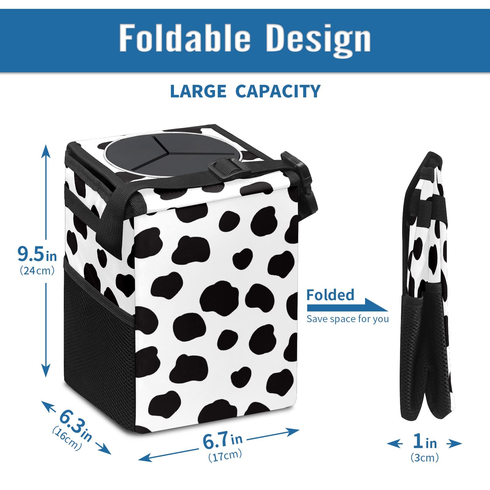 Black and White Cow Print Collapsible Car Trash Can with Lid - Reusable Waterproof Auto Garbage Bin for Car, Truck & SUV - Perfect for Road Trips, Commuting & Keeping Vehicle Interior Clean