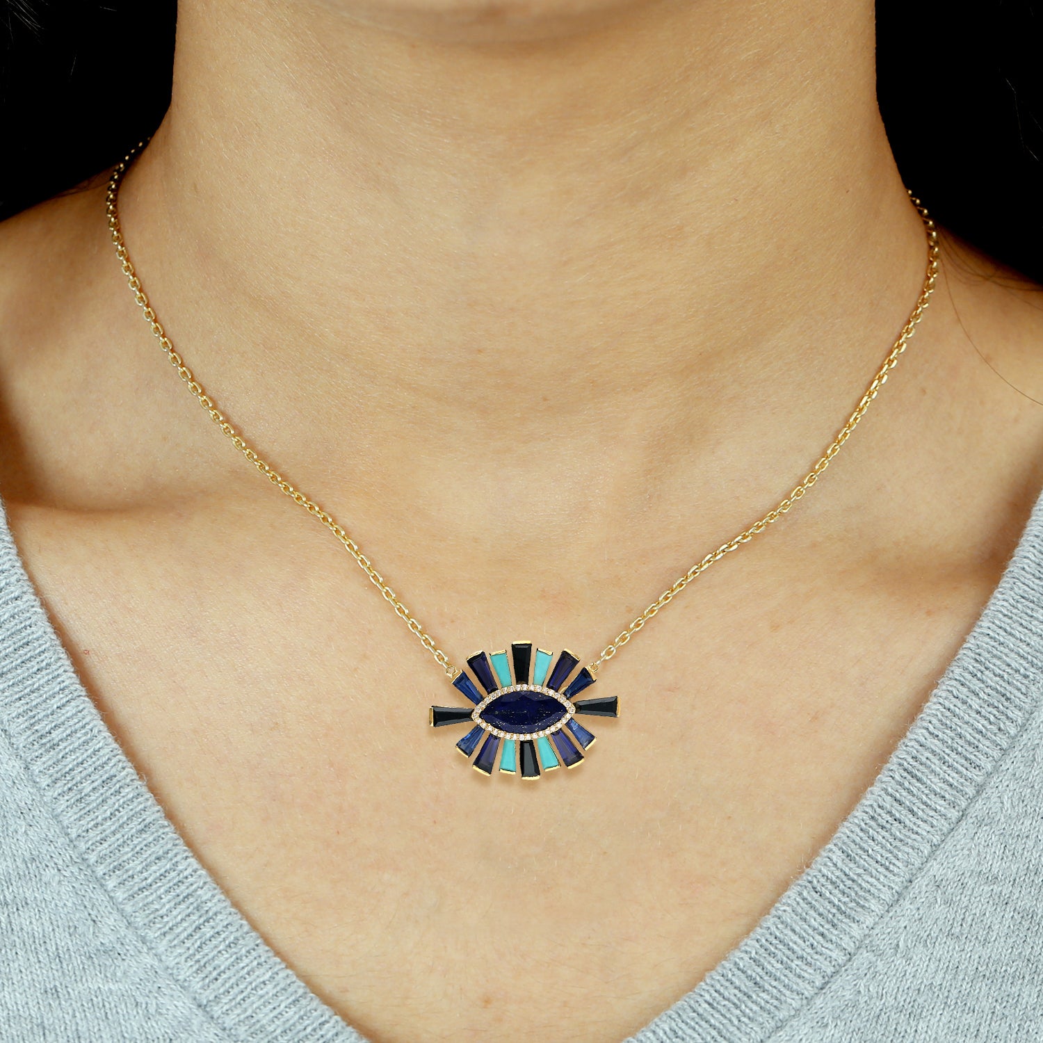 Marquise Lapis Baguette Multi Gemstone Pave Diamond Evil Eye Choker Necklace in Gold - Elegant Protection Jewelry for Women, Perfect for Parties, Weddings & Everyday Wear