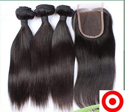 8A Grade Straight Peruvian Virgin Hair Bundles with Free Lace Closure - 3 Bundles & Closure Set (14