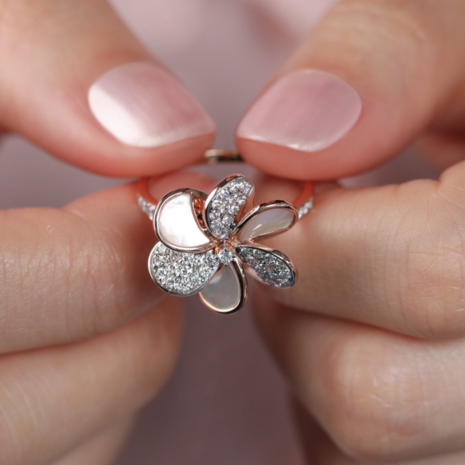 14K Rose Gold Mother of Pearl & Diamond Pave Flower Cocktail Ring - Elegant Jewelry for Parties, Weddings & Special Occasions