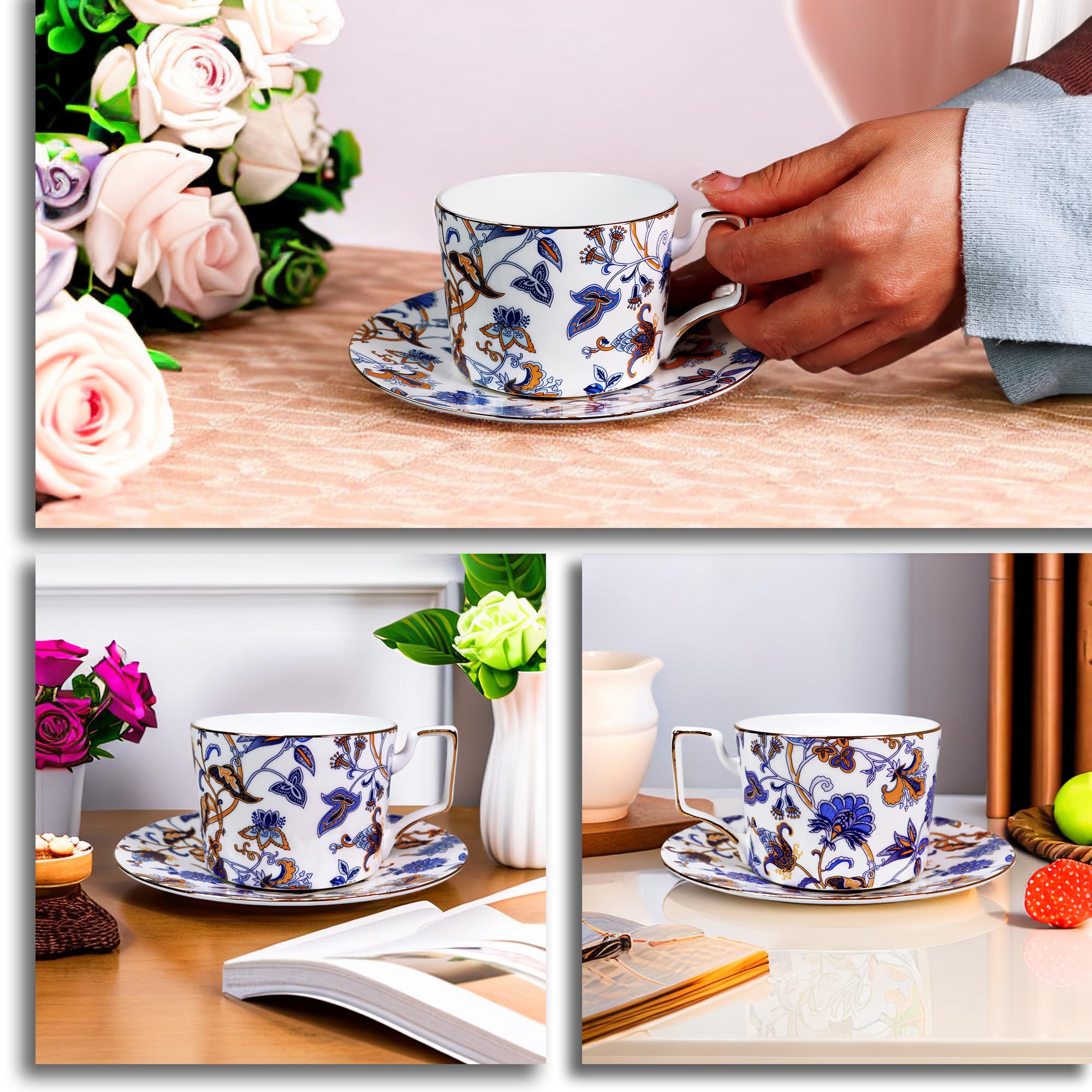 8.5 oz Floral Bone China Tea Cup and Saucer Set - Elegant Coffee & Tea Drinking Set for Women, Perfect Gift for Mom, Friends & Tea Parties (Home, Office, Bridal Shower, Mother's Day)