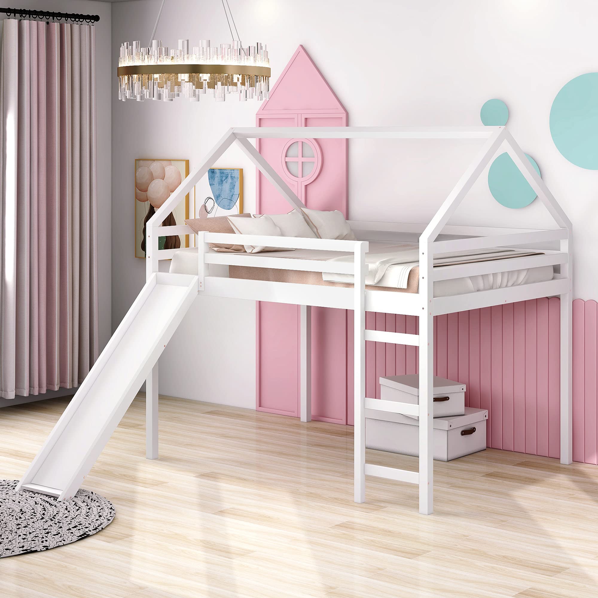 Full Size Loft Bed with Slide - Kids Playhouse Bed with Ladder & Guardrails - Space Saving Twin House Bed for Small Rooms - Perfect for Playrooms, Bedrooms & Daycare Centers
