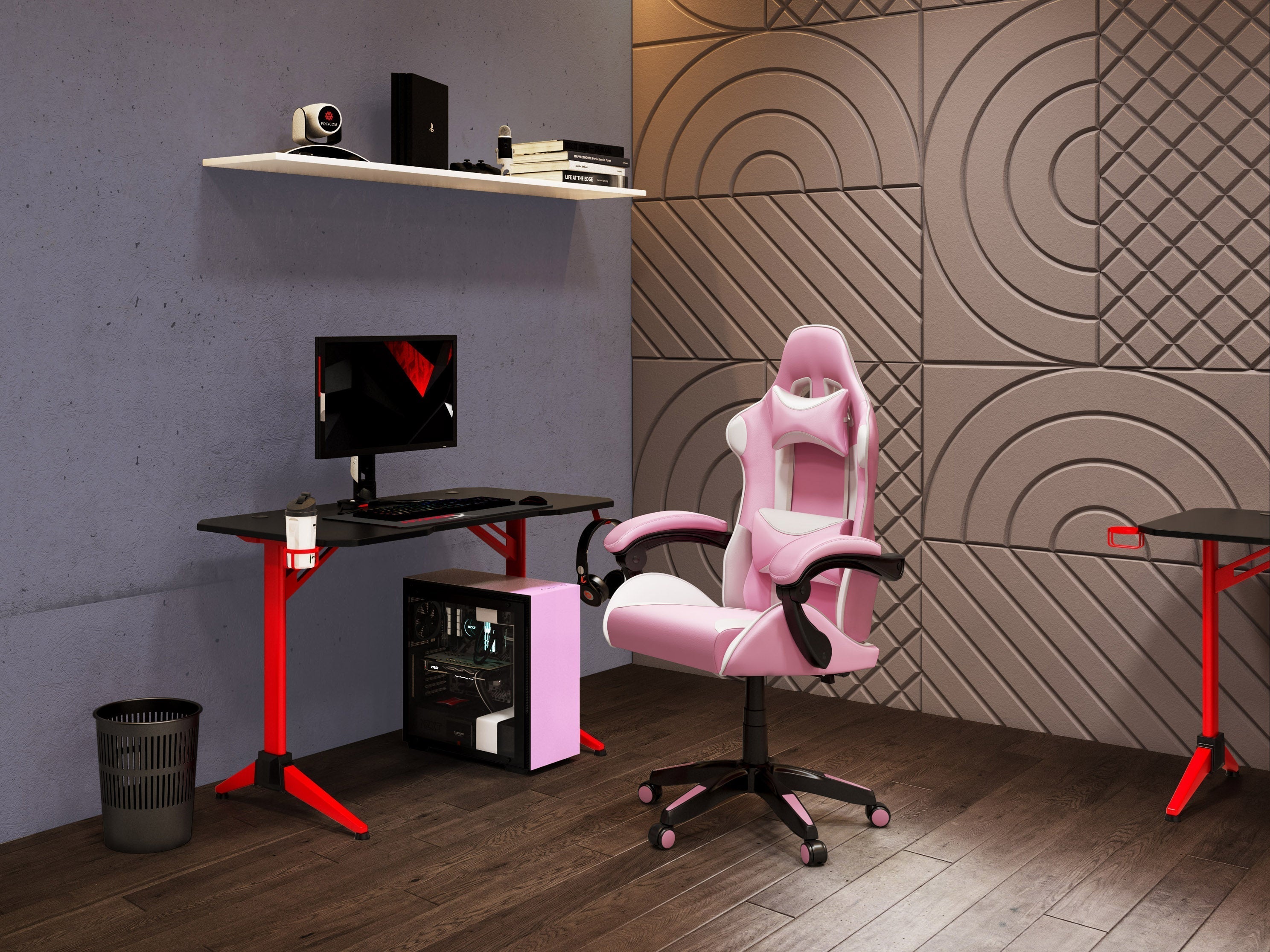 Ergonomic Pink and White Gaming Office Chair with Lumbar Support - Adjustable Height Swivel Computer Desk Chair for Gamers, Work from Home & Office Use