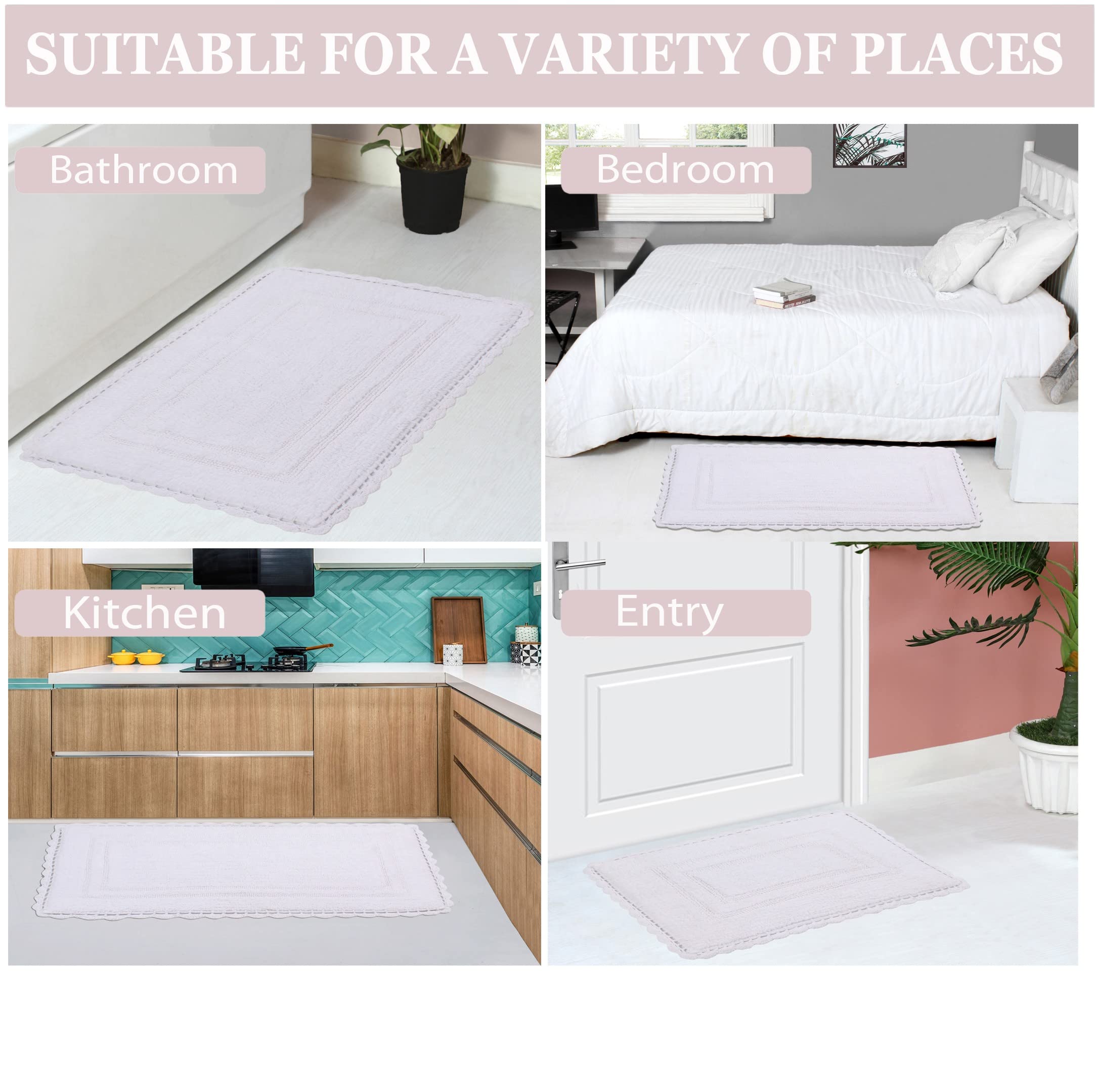 Home Weavers Reversible 100% Cotton Bath Mat Set - Ultra Soft Absorbent Non-Slip Bathroom Rug & Kitchen Mat (17x24 Inch, White) - Perfect for Bathroom Floor, Shower Exit & Sink Area