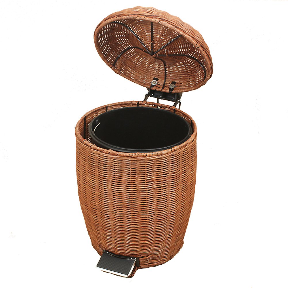 Vintage Rattan & Wicker Trash Can with Lid - Round Step Trash Bin for Home, Kitchen, Office, Bedroom & Bathroom - Removable Retro Garbage Can for Waste Disposal & Home Decor