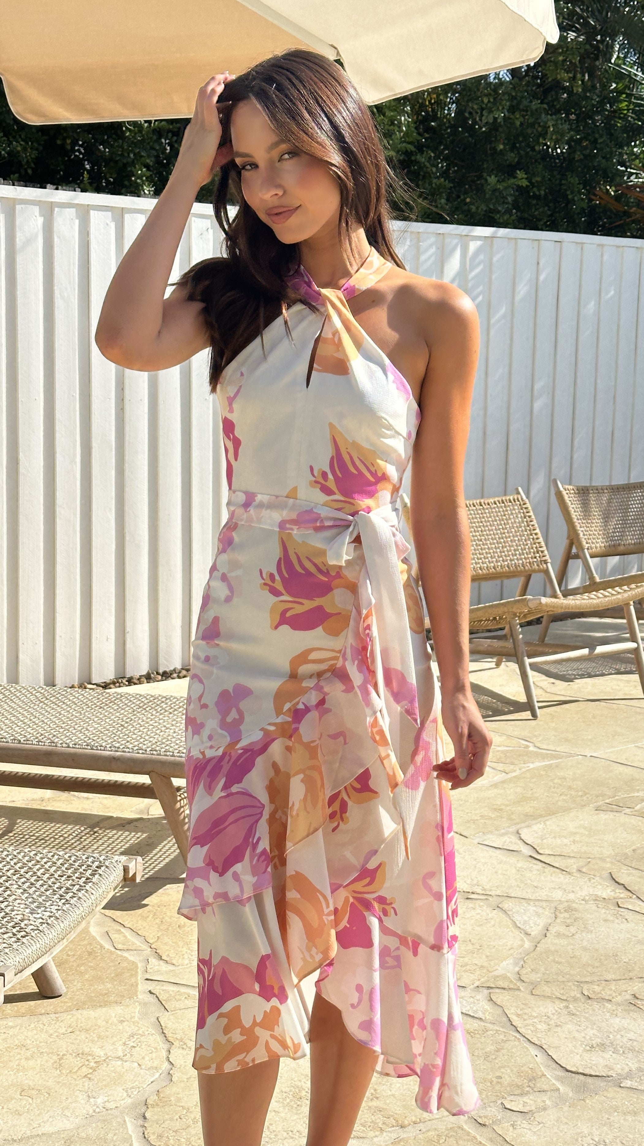 Alma Midi Dress for Women - Flowy Pink and White Floral Summer Dress | Perfect for Beach Vacations, Date Nights & Brunch Outings
