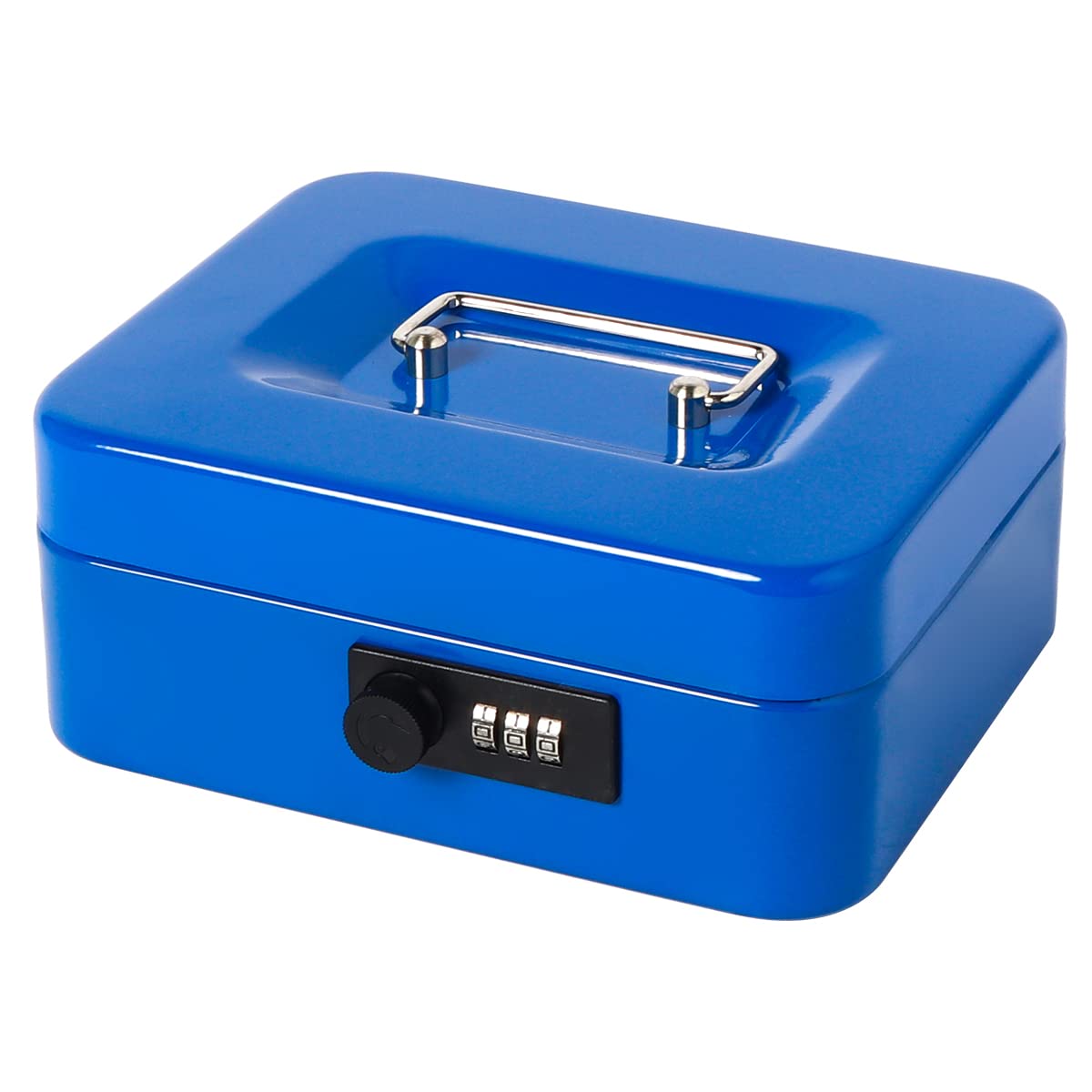 Small Metal Cash Box with Combination Lock - 7.87 x 6.3 x 3.54 Inch Money Storage Box with Removable Tray - Secure Cash Organizer for Home, Office, Retail & Travel (Blue)