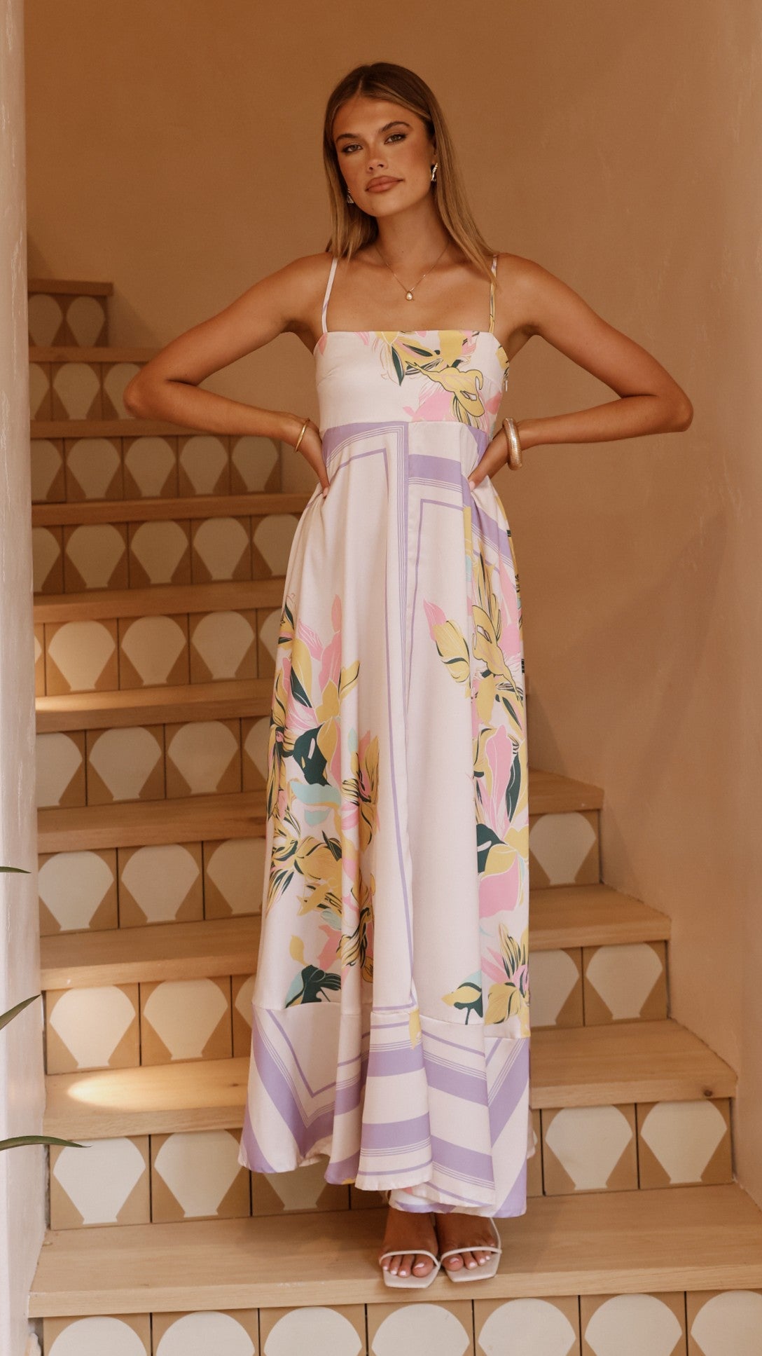 Kaethe Maxi Dress for Women - Elegant Beige & Lilac Flowy Long Dress - Perfect for Beach Vacations, Summer Parties & Casual Outings
