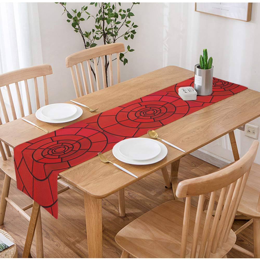 Swono Red Spirals Table Runner - Abstract Stained Glass Mosaic Design Cotton Linen Tablecloth for Kitchen, Coffee Table, Dining Room - Non-Slip 14x72 Inch - Perfect for Holiday Decorations & Dinner Parties
