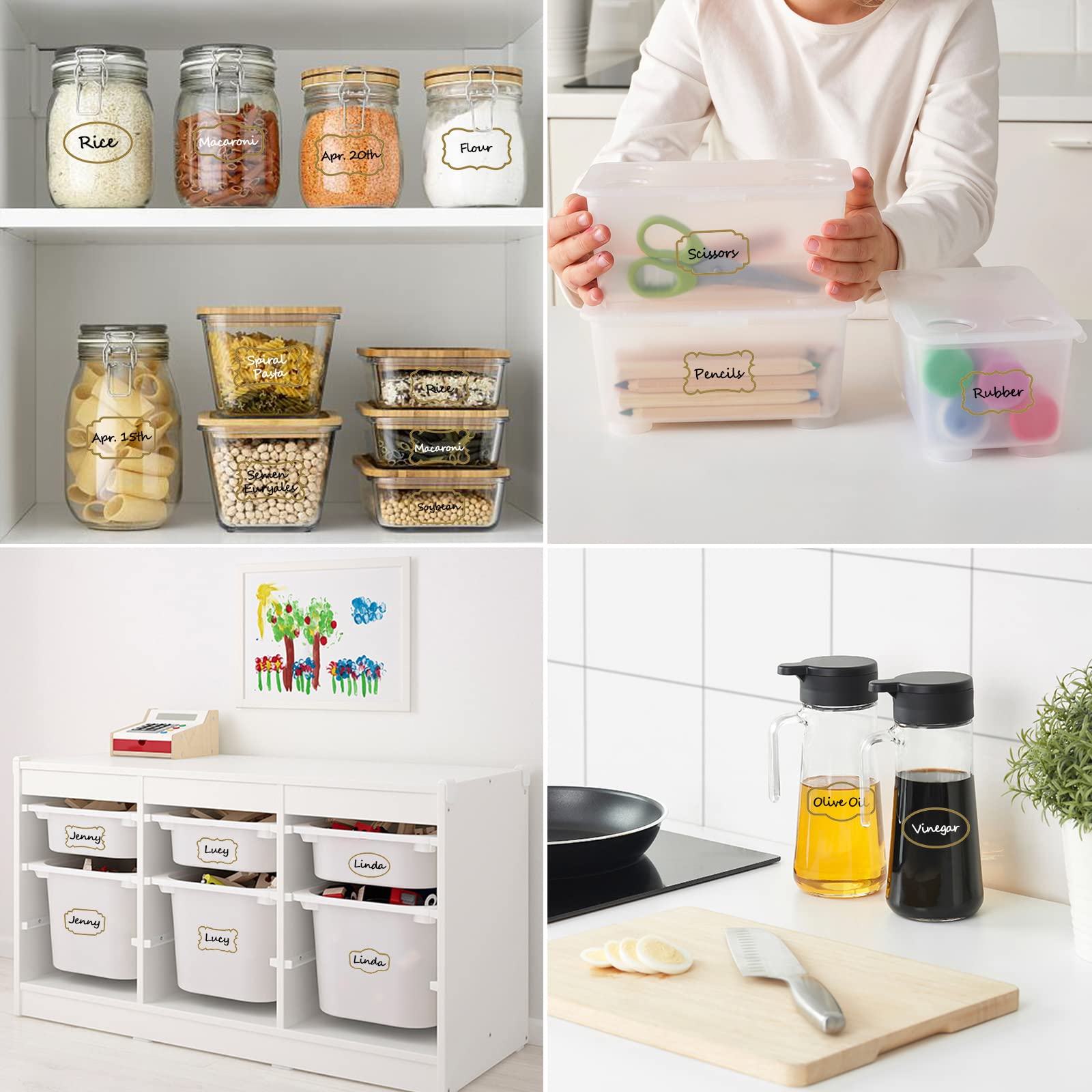 Premium Clear Pantry Labels with Gold Border - 93 Waterproof Removable Write-on Sticker Labels for Organizing Spice Jars, Condiment Containers, Flour & Sugar Canisters - Includes 2 Free Markers - Perfect for Kitchen Organization & Pantry Storage Solutions