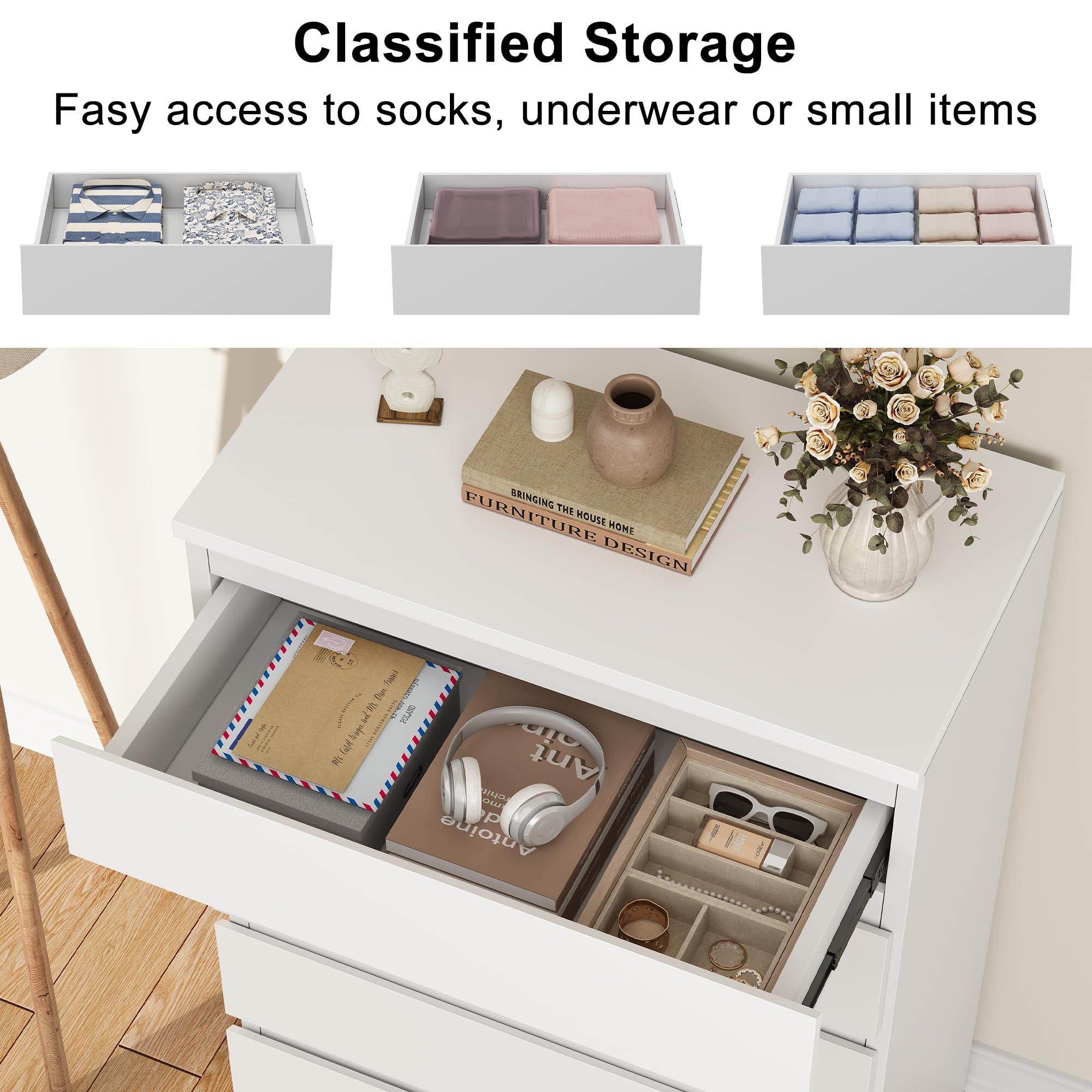 Modern White 3-Drawer Wooden Dresser for Bedroom - Simple Chest of Drawers with Deep Storage - Perfect Nightstand & Entryway Furniture for Living Room, Hallway, or Bedside Organization