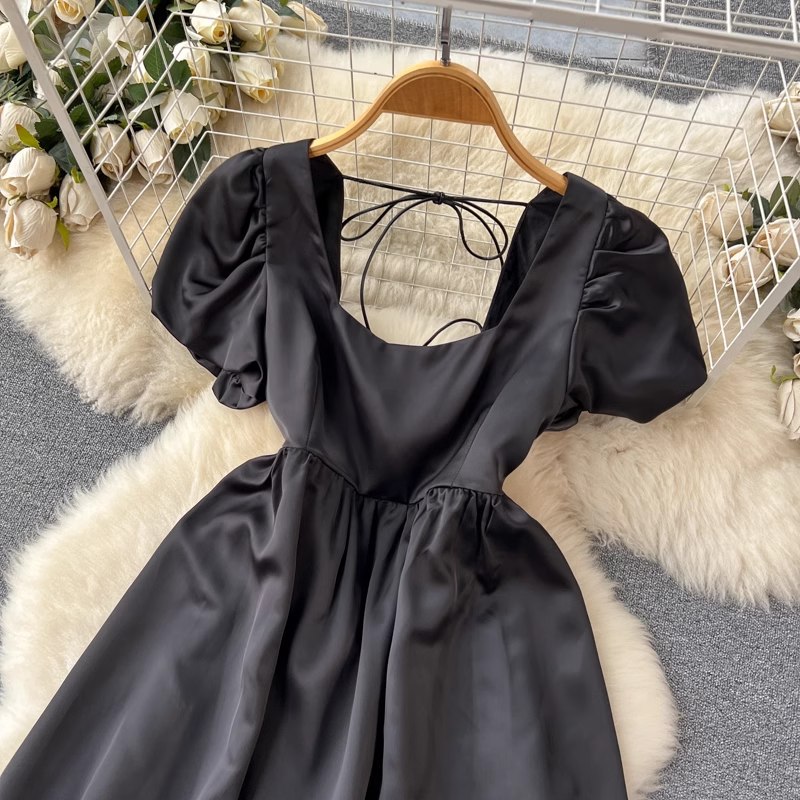 Elegant French Style Black Summer Dress for Women - Backless Puff Sleeve Midi Skirt | Perfect for Cocktail Parties, Date Nights & Special Occasions