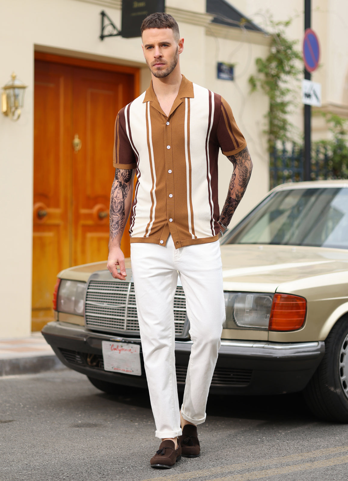Men's Contrast Color Cardigan Sweater - Short Sleeve Lapel Collar Knitwear for Casual Wear & Office Outfits