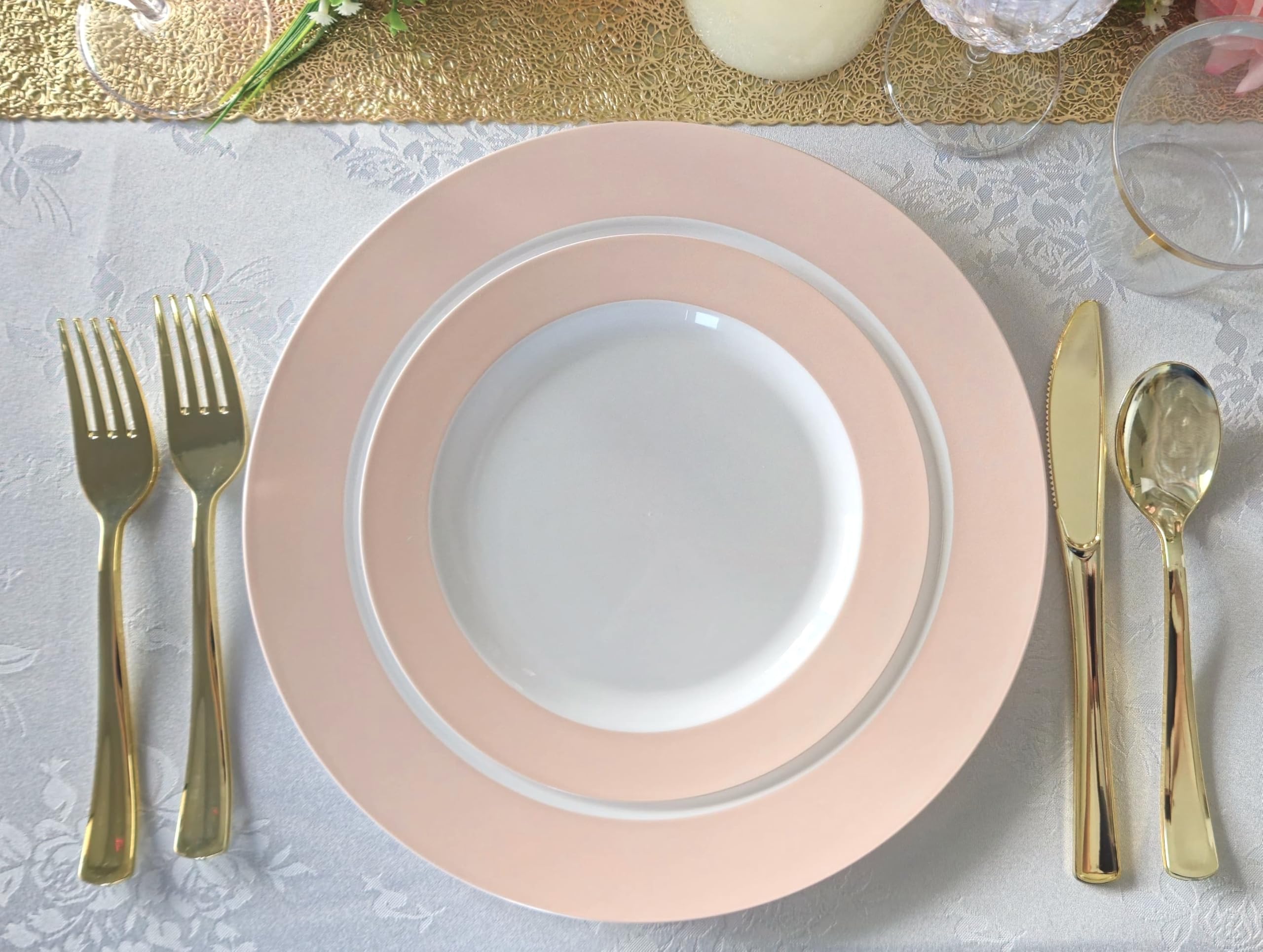 40-Piece Disposable Plastic Plates & Bowls Set - 12 oz Soup Bowls for Wedding, Party, Baby Shower (White & Pearled Pink Blush) | Elegant Tableware for Catering, Picnics & Special Events