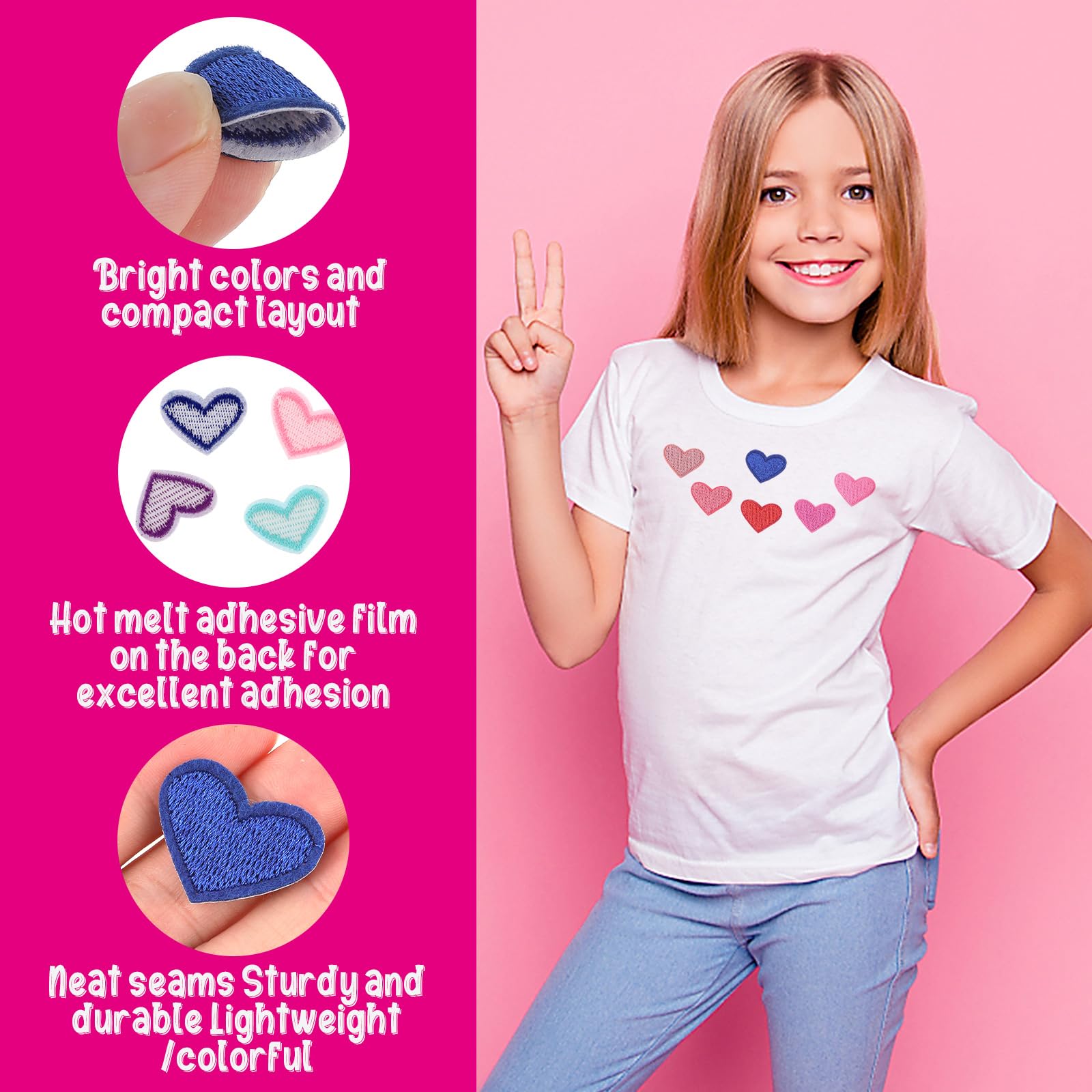 Bremorou 62 Pcs Colorful Heart Iron-On Patches - Mini Embroidered Appliques for Clothes, Hats, Jeans, DIY Backpacks & Shoes | Perfect for DIY Fashion, Costume Design & Outfit Customization