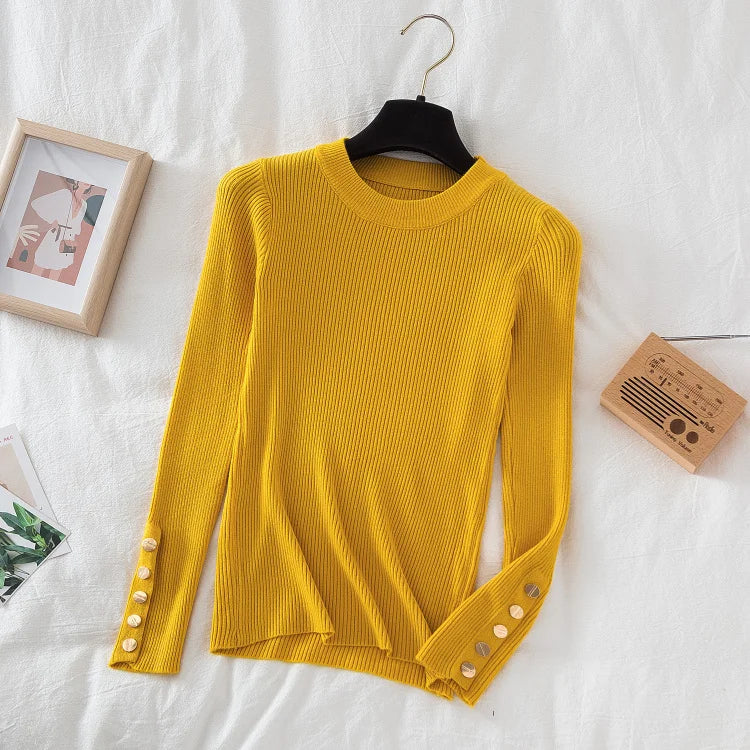 Thick Buttoned Long Sleeve O-Neck Sweater for Women - Cozy Winter Pullover for Casual Outfits & Office Wear