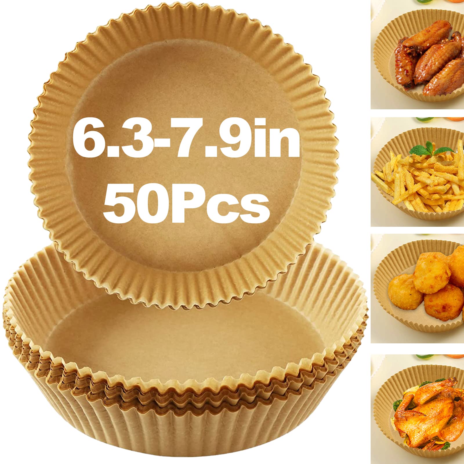 AKOFIC 50-Pack Disposable Air Fryer Paper Liners - 6.3 Inch Round Non-Stick Parchment Sheets, Food Grade Oil & Water Proof Baking Paper for Air Fryers, Ovens & Microwaves - Perfect for Roasting, Frying & Reheating Foods
