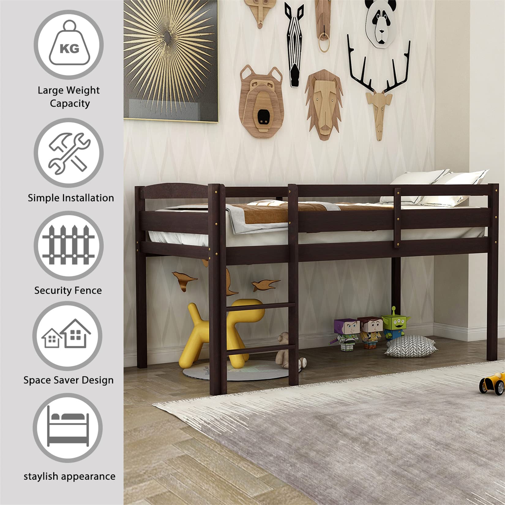 Bellemve Low Loft Twin Size Wooden Loft Bed Frame with Ladder for Kids, Teens, Boys & Girls - Espresso Finish | Space-Saving Kids Bedroom Furniture for Small Rooms & Dorm Decor