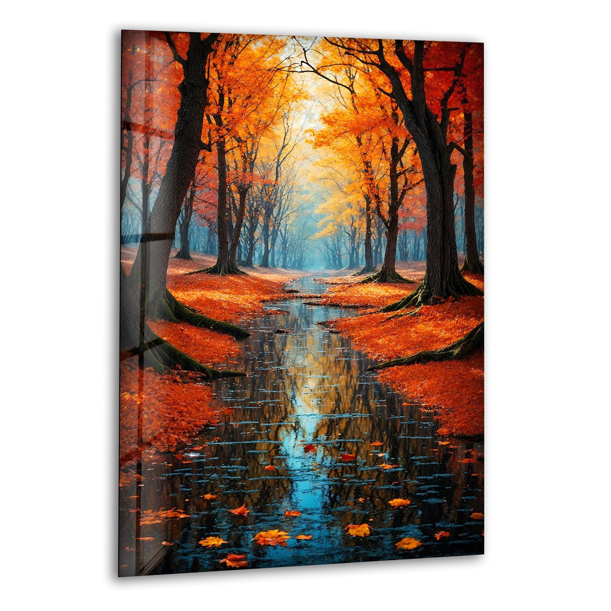 Stunning Fall Forest Art Print on Glass - Autumn Pathway Reflections Wall Decor for Living Room, Bedroom & Office