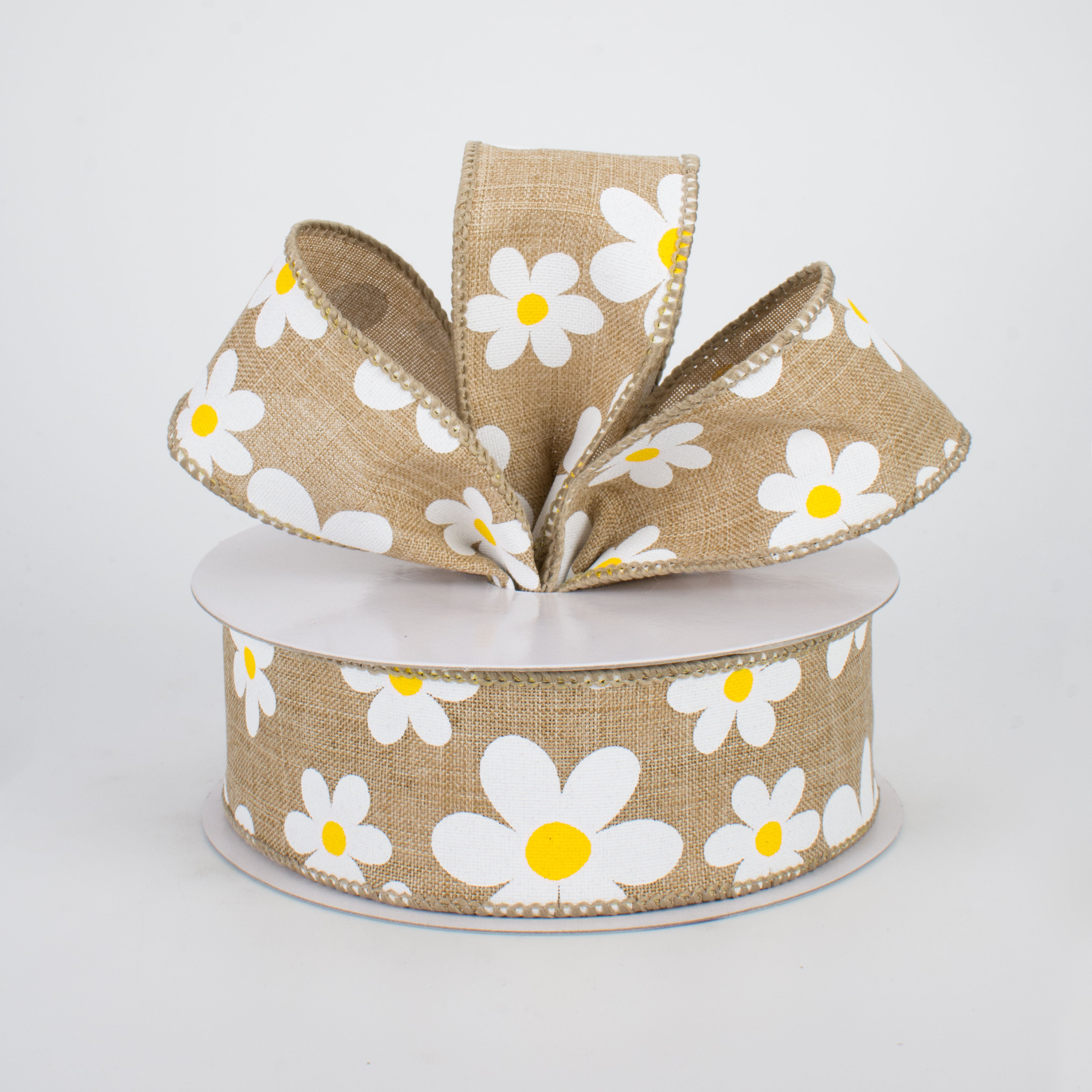 1.5 Inch Daisy Print Ribbon - Light Beige Grosgrain Ribbon (10 Yards) for Gift Wrapping, DIY Crafts, Hair Bows, and Party Decorations