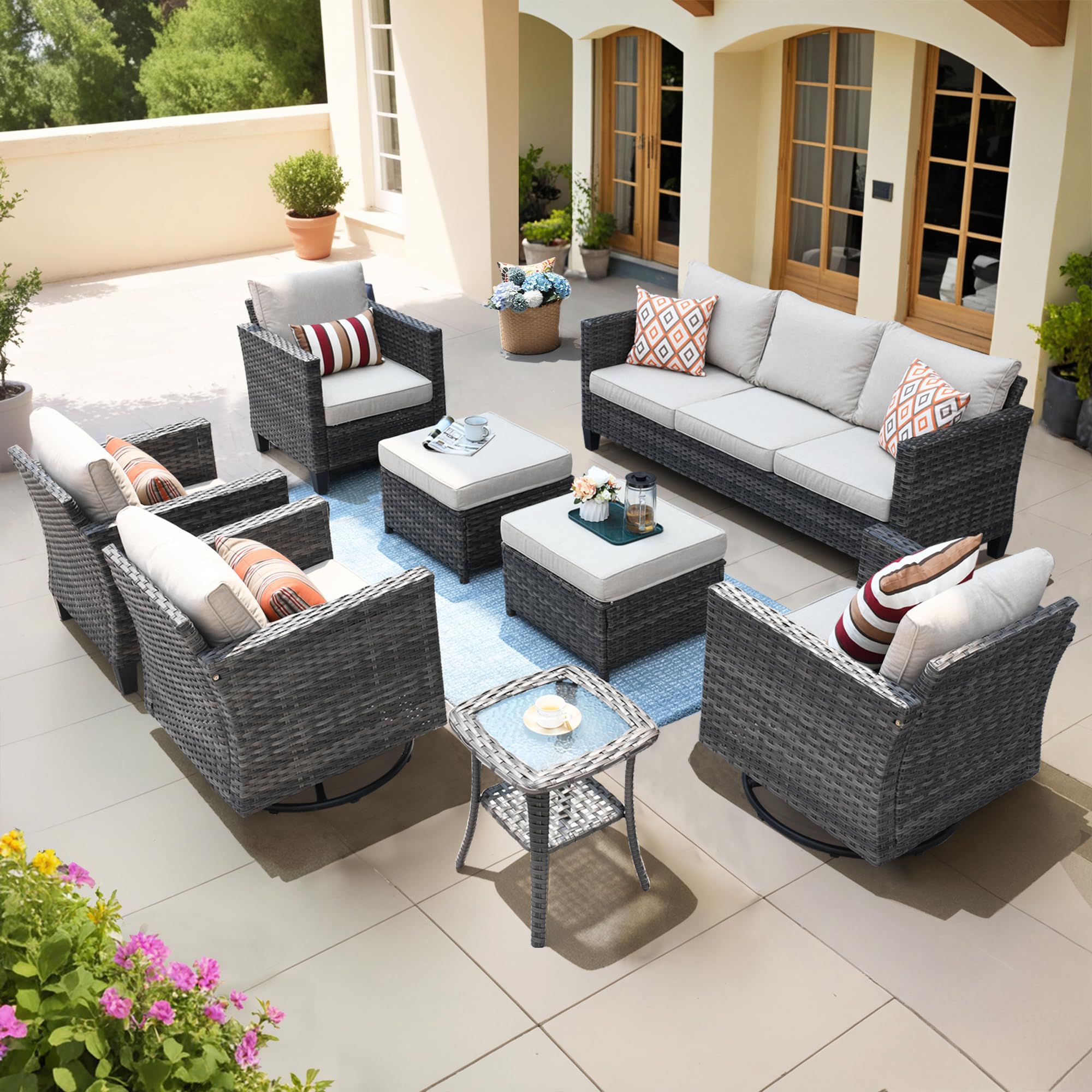 8-Piece Patio Furniture Set with Wicker Sofa, Swivel Rocking Chairs & Glider - All-Weather Rattan Outdoor Conversation Set with Comfortable Cushions (Beige) - Perfect for Backyard, Garden, Poolside & Outdoor Entertaining