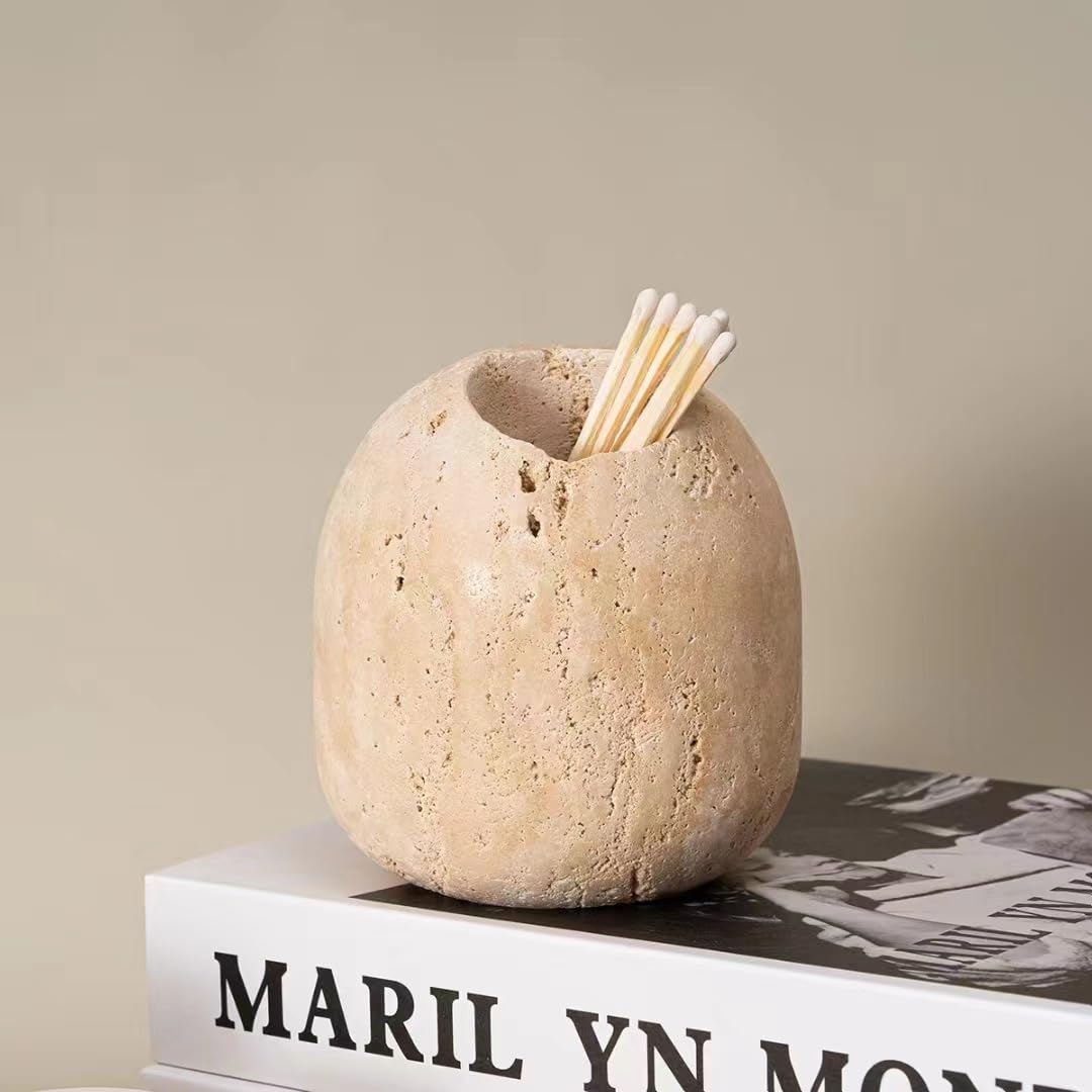 100% Natural Travertine Toothpick & Match Holder - Elegant Beige Stone Match Jar for Candles, Bathroom Decor (2.1x2.1x2.2 inches) - Perfect for Home, Kitchen, Restaurant & Gift Giving - Toothpicks Not Included