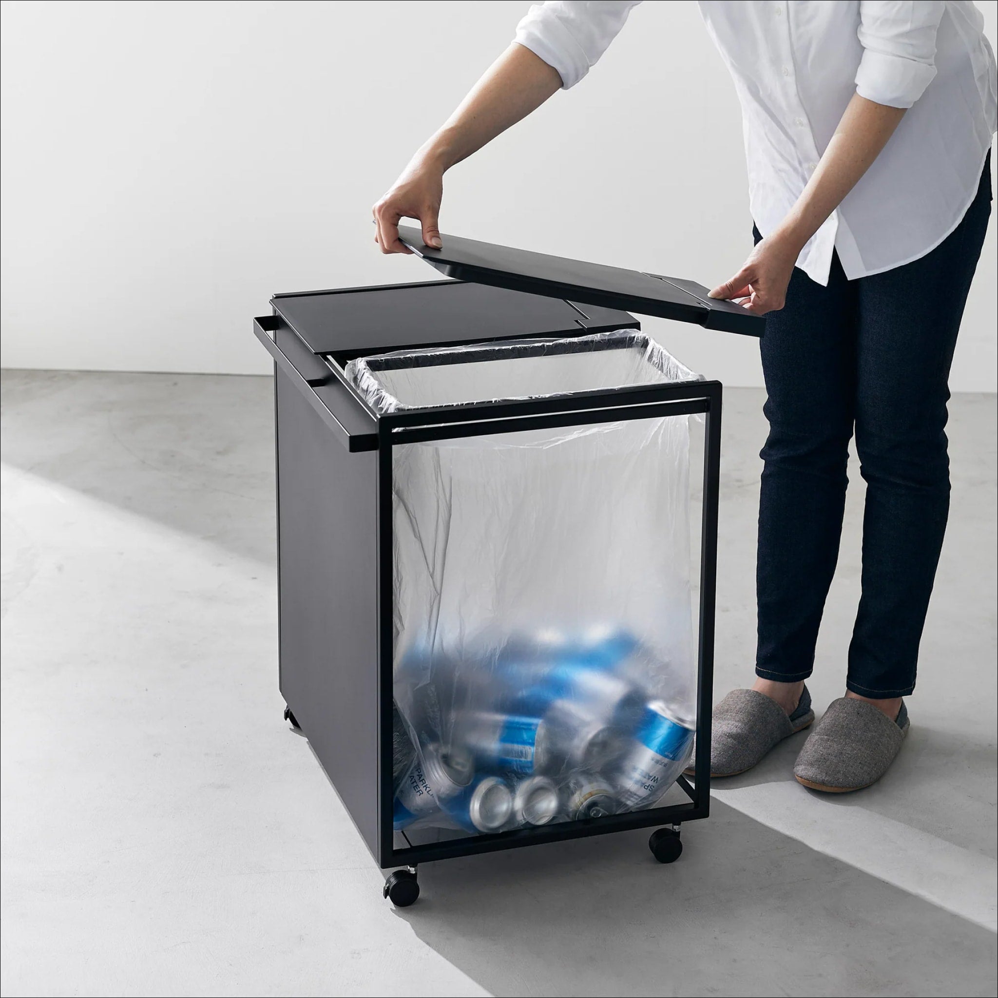YAMAZAKI 2-Compartment Rolling Trash Can & Recycling Bin with Wheels, Black - Perfect for Kitchen, Office, or Garage Waste Management